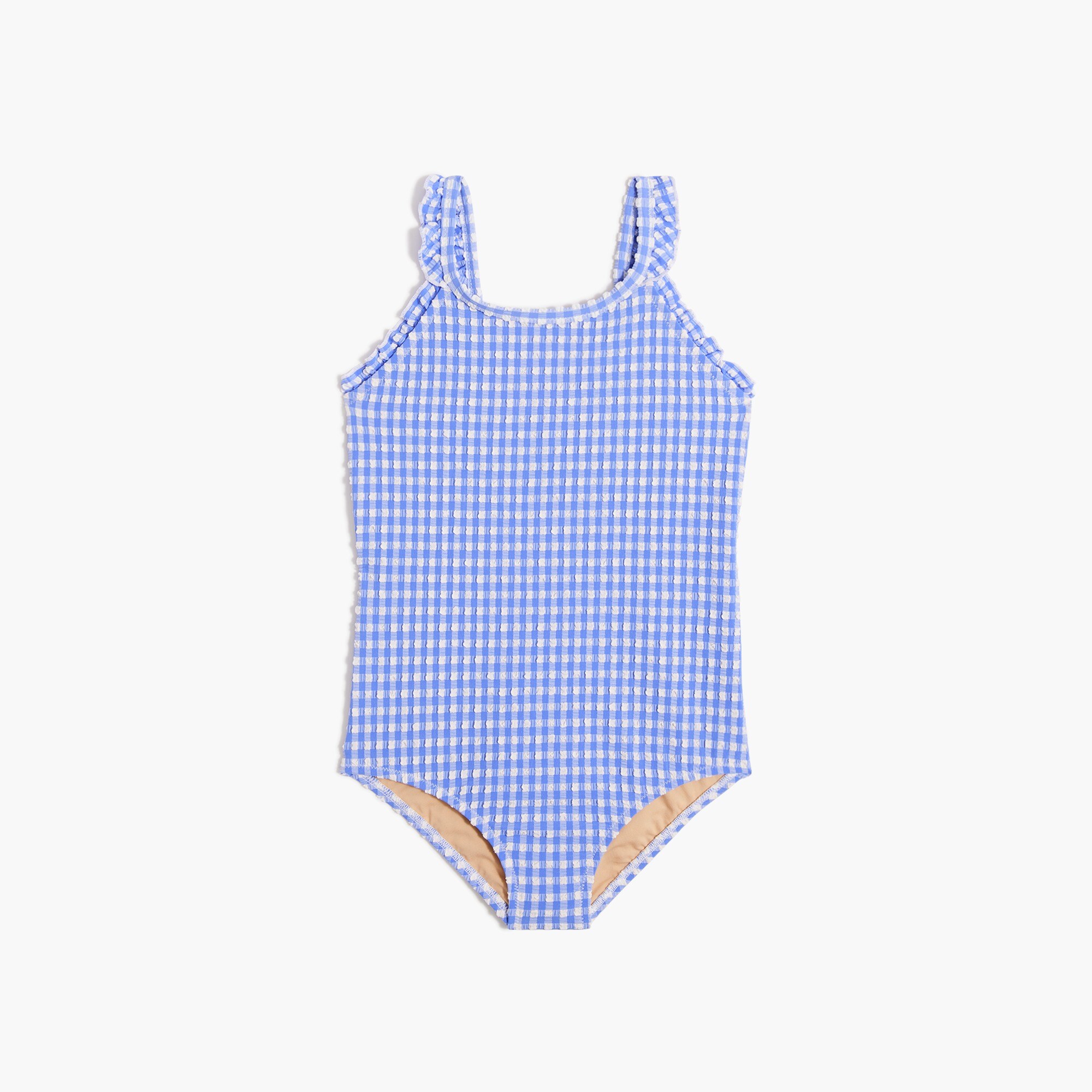  Girls' seersucker ruffle one-piece swimsuit