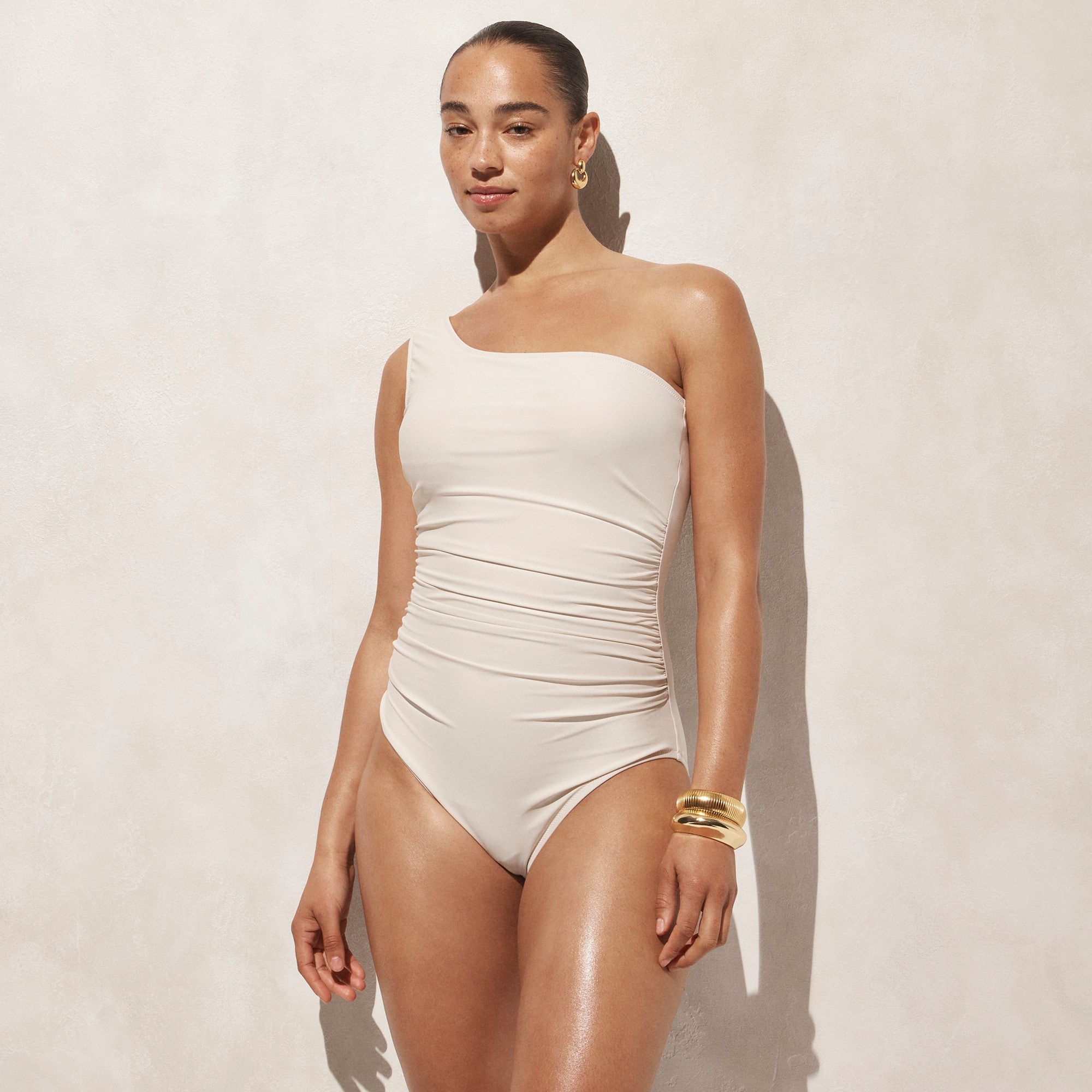 j.crew: sleek ruched one-shoulder one-piece swimsuit for women