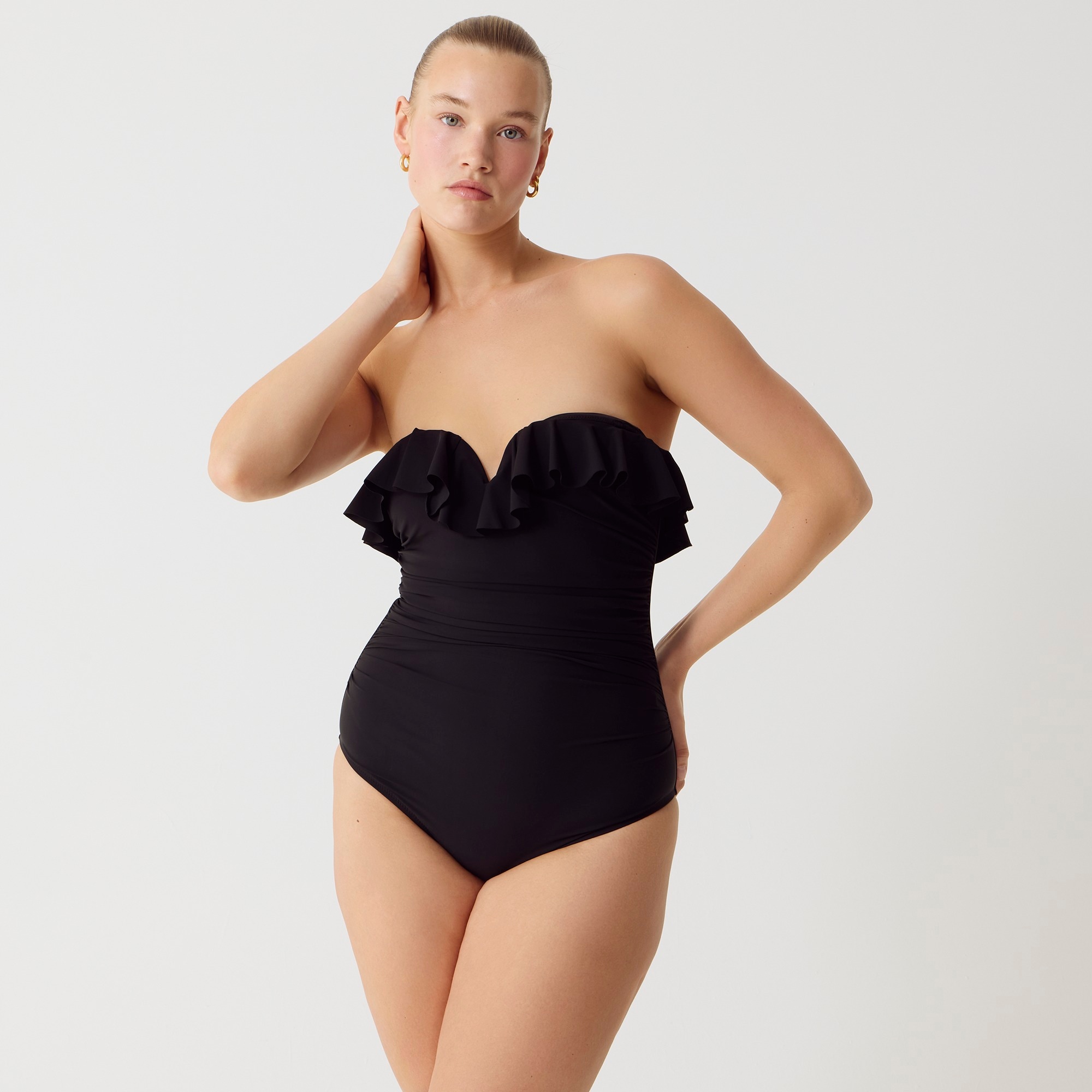 j.crew: matte ruched one-piece swimsuit with ruffles for women