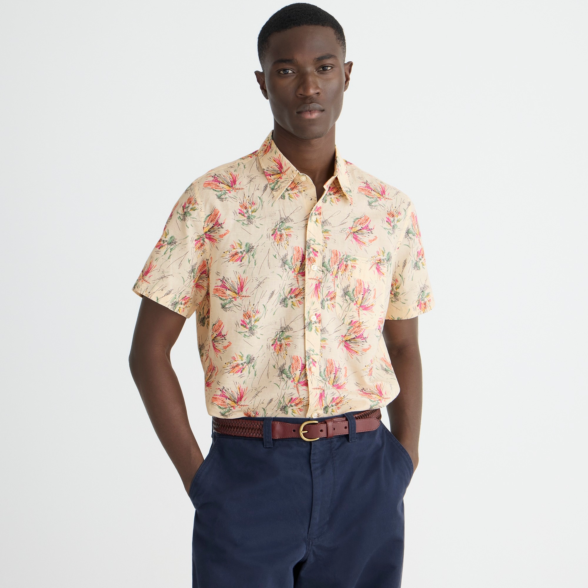 mens Tall short-sleeve cotton-linen blend shirt in print