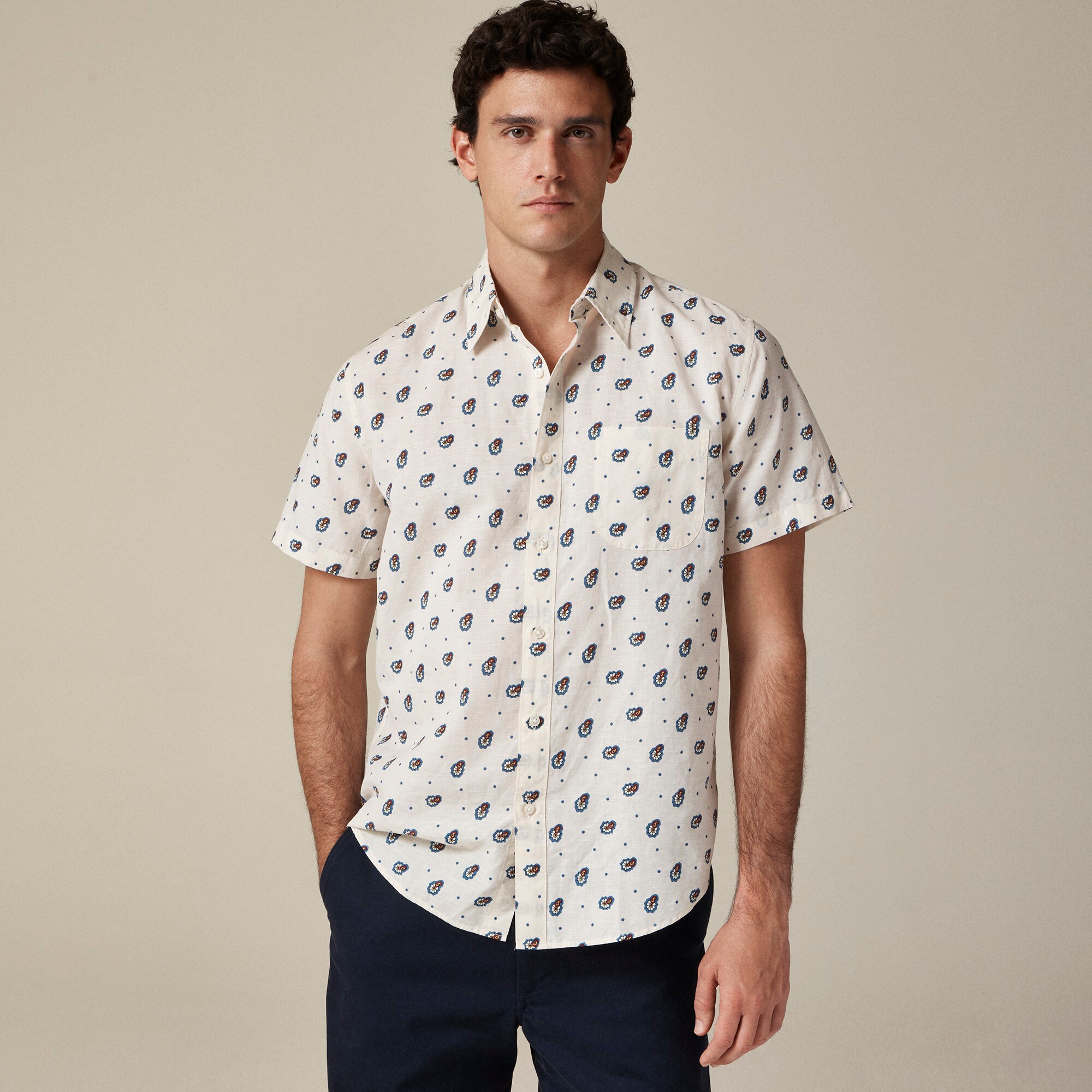  Short-sleeve cotton-linen blend shirt in print