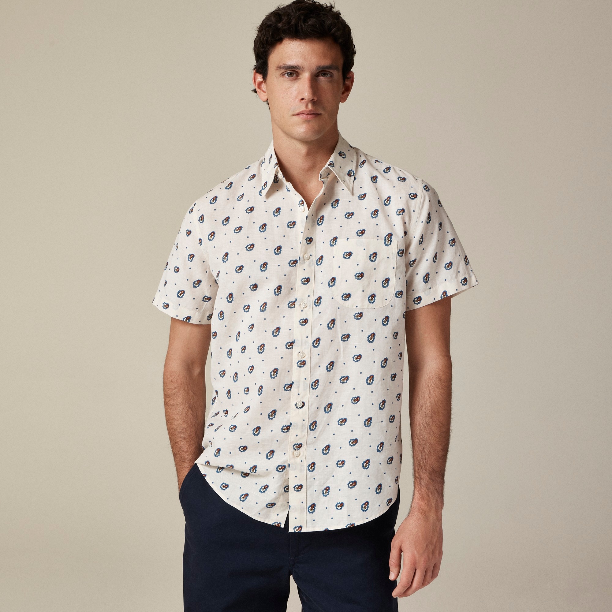 mens Short-sleeve cotton-linen blend shirt in print