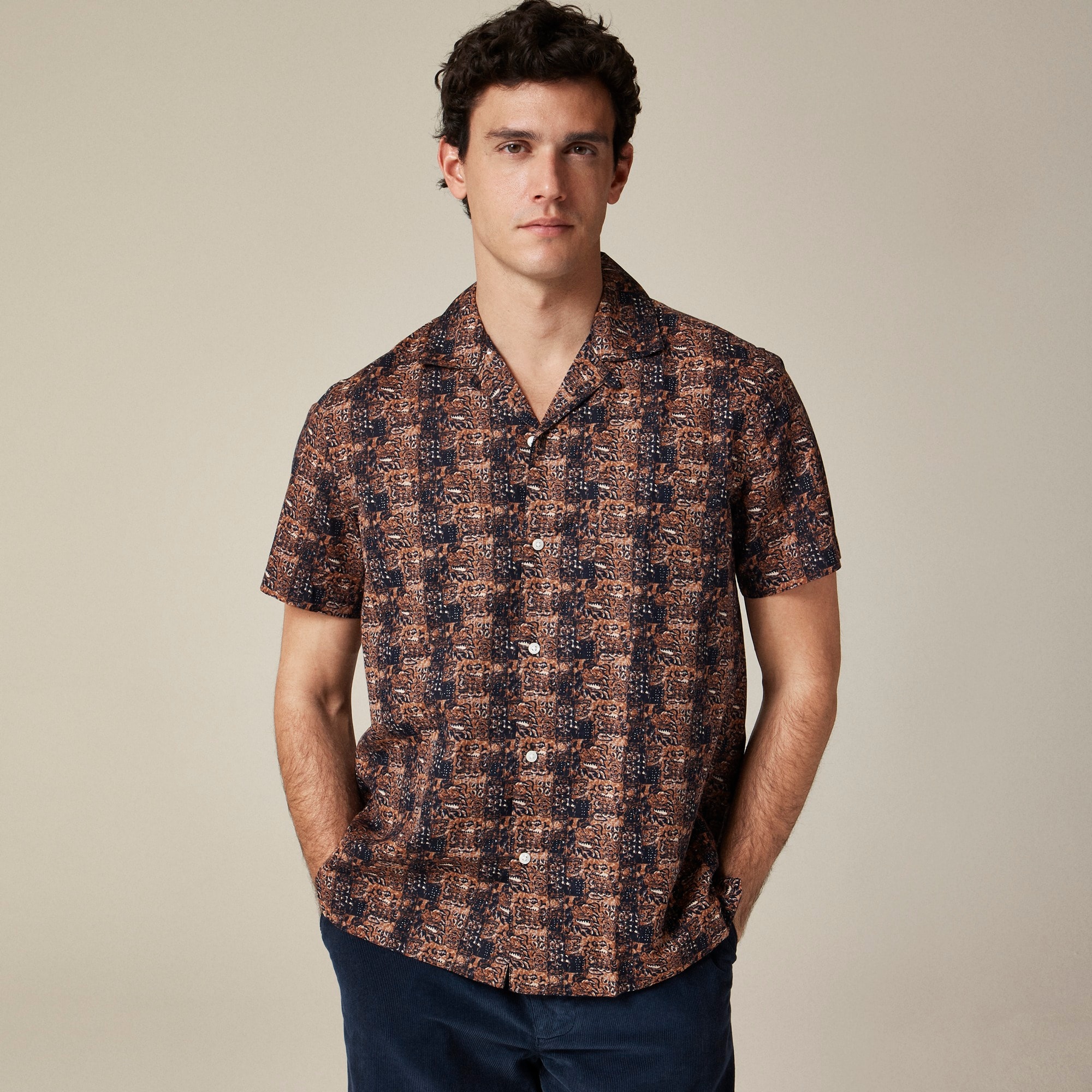 mens Short-sleeve cotton-linen blend shirt in print