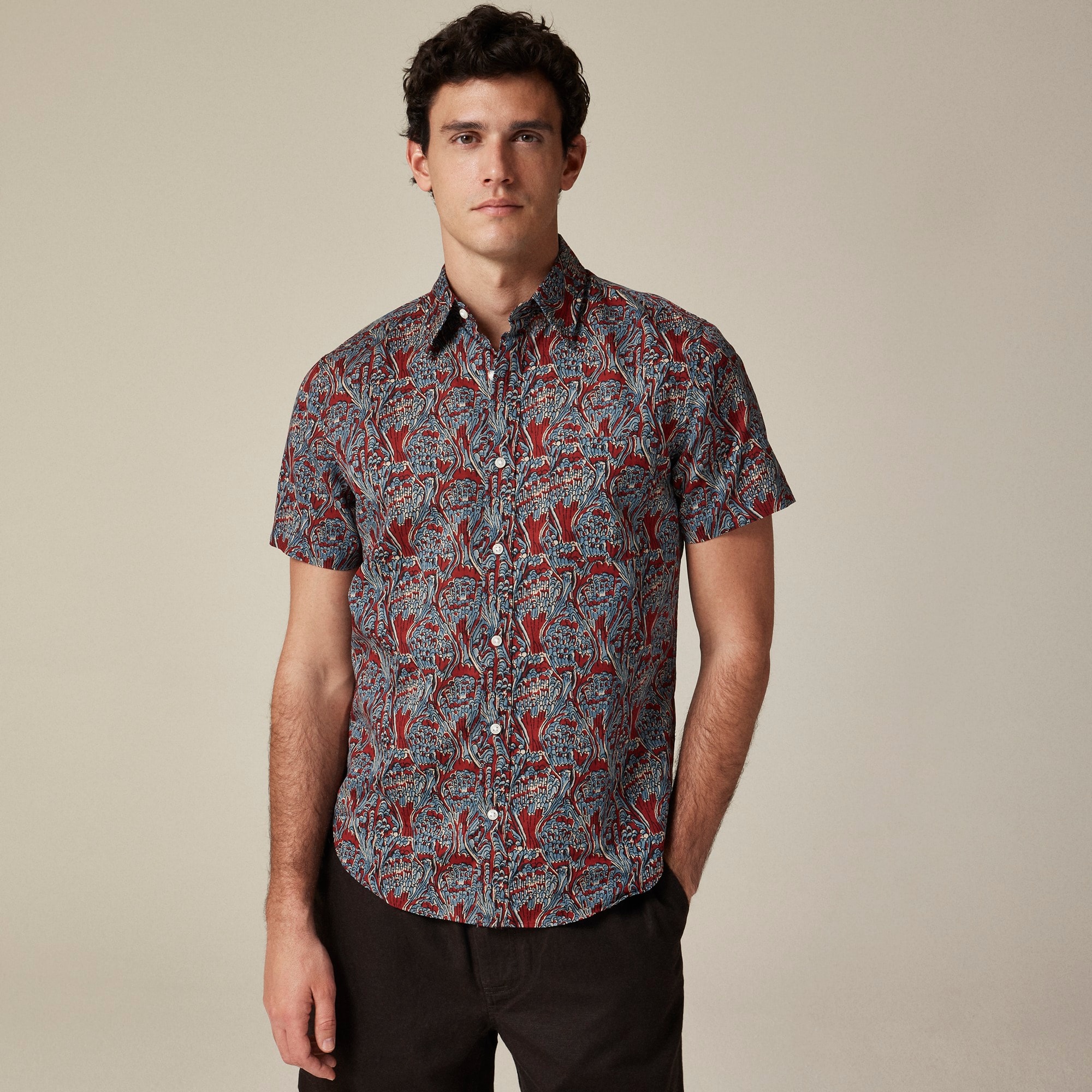 Short-sleeve cotton-linen blend shirt in print