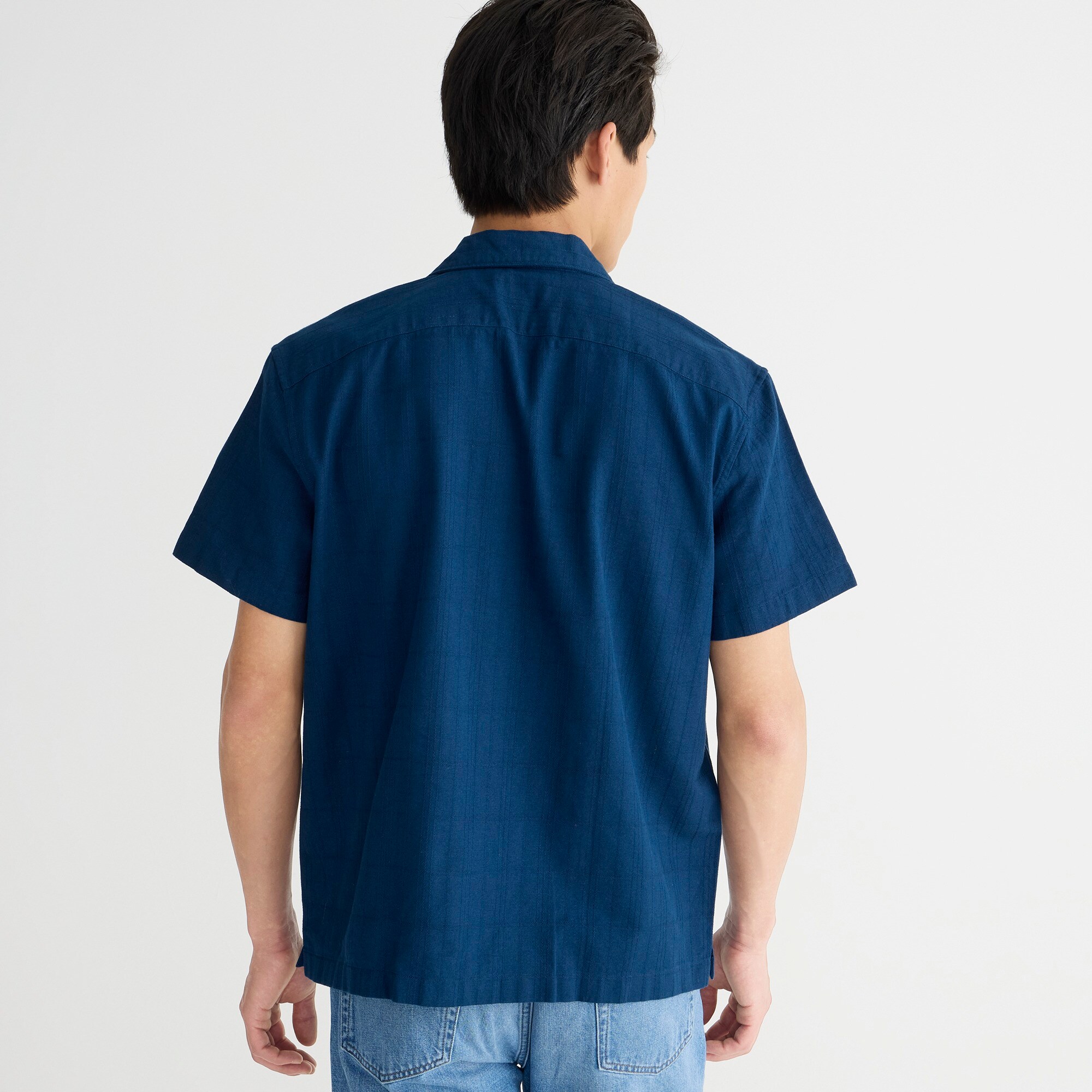 Short-sleeve textured cotton camp-collar shirt
