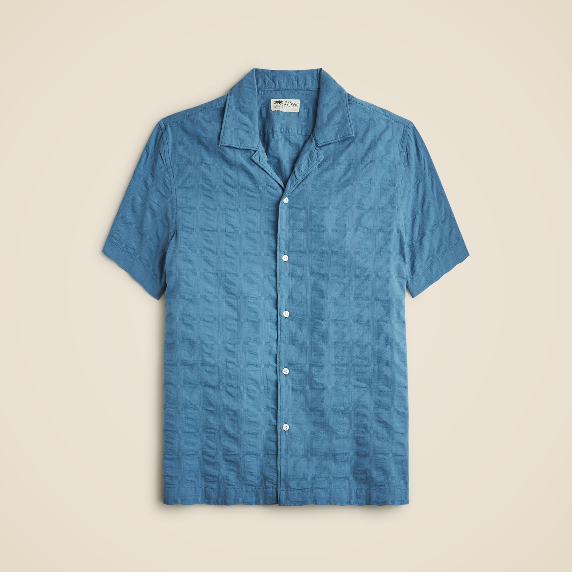 Short-sleeve textured cotton camp-collar shirt