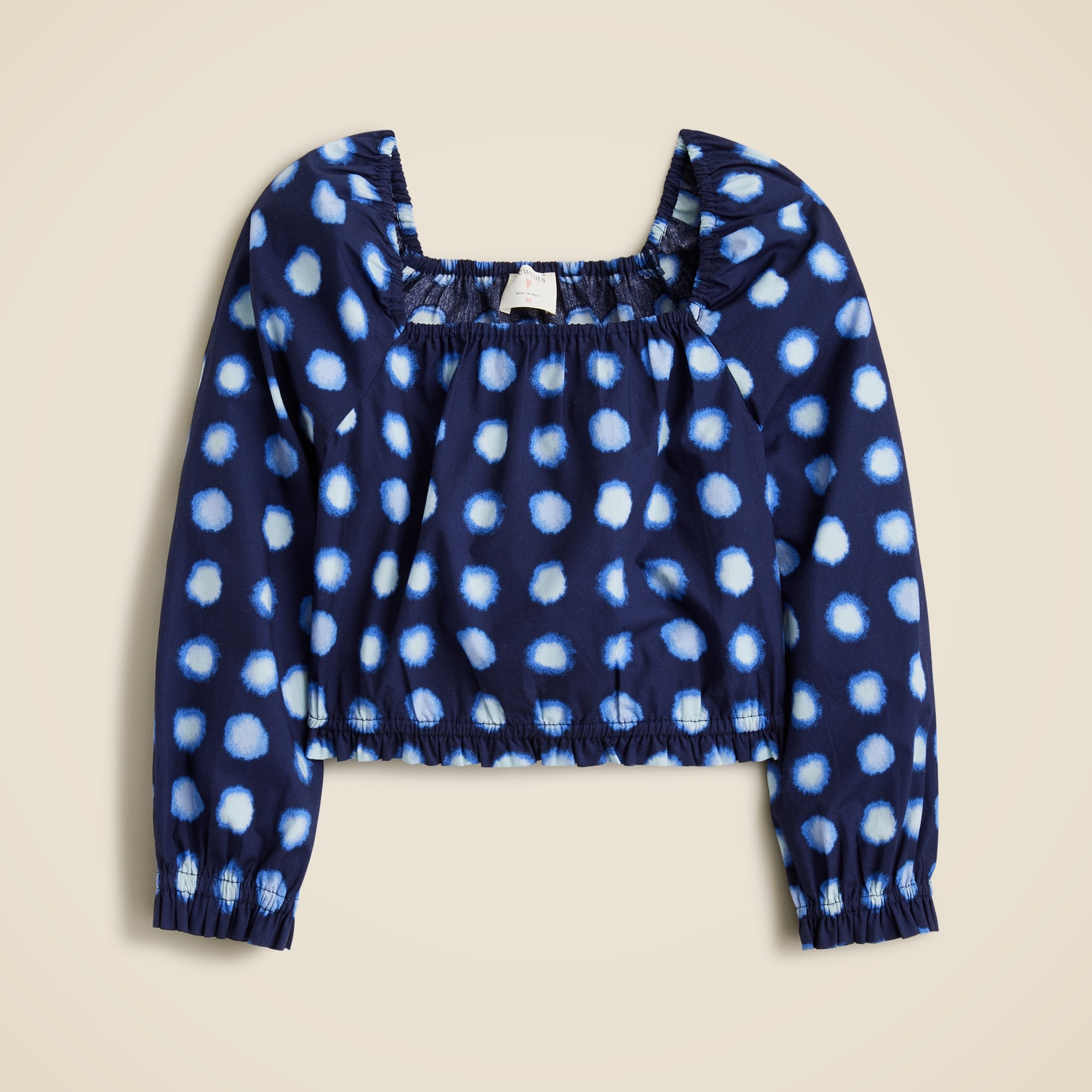 Girls' squareneck puff-sleeve top in shibori poplin