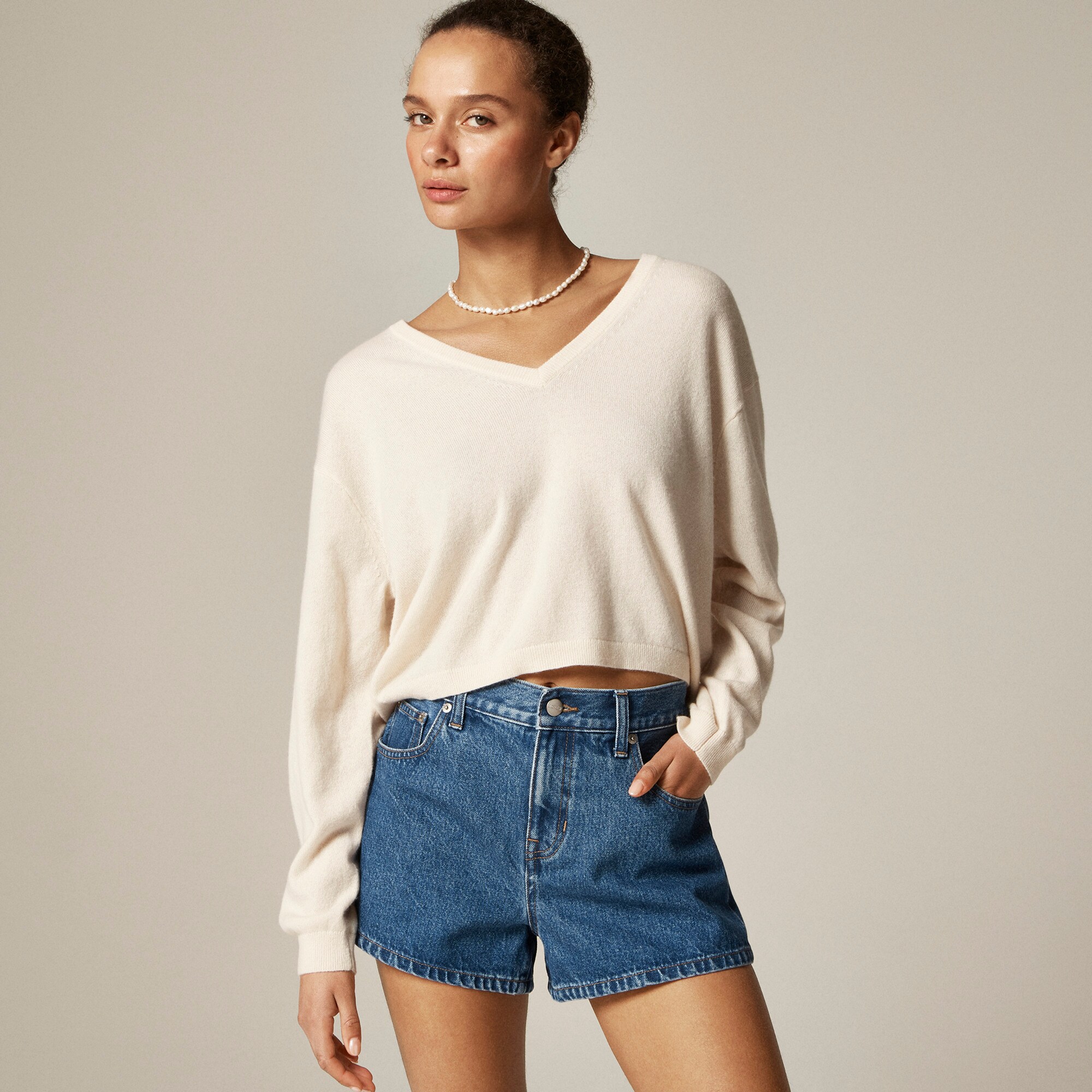 Cashmere Relaxed Cropped V-neck Sweater For Women | J.Crew