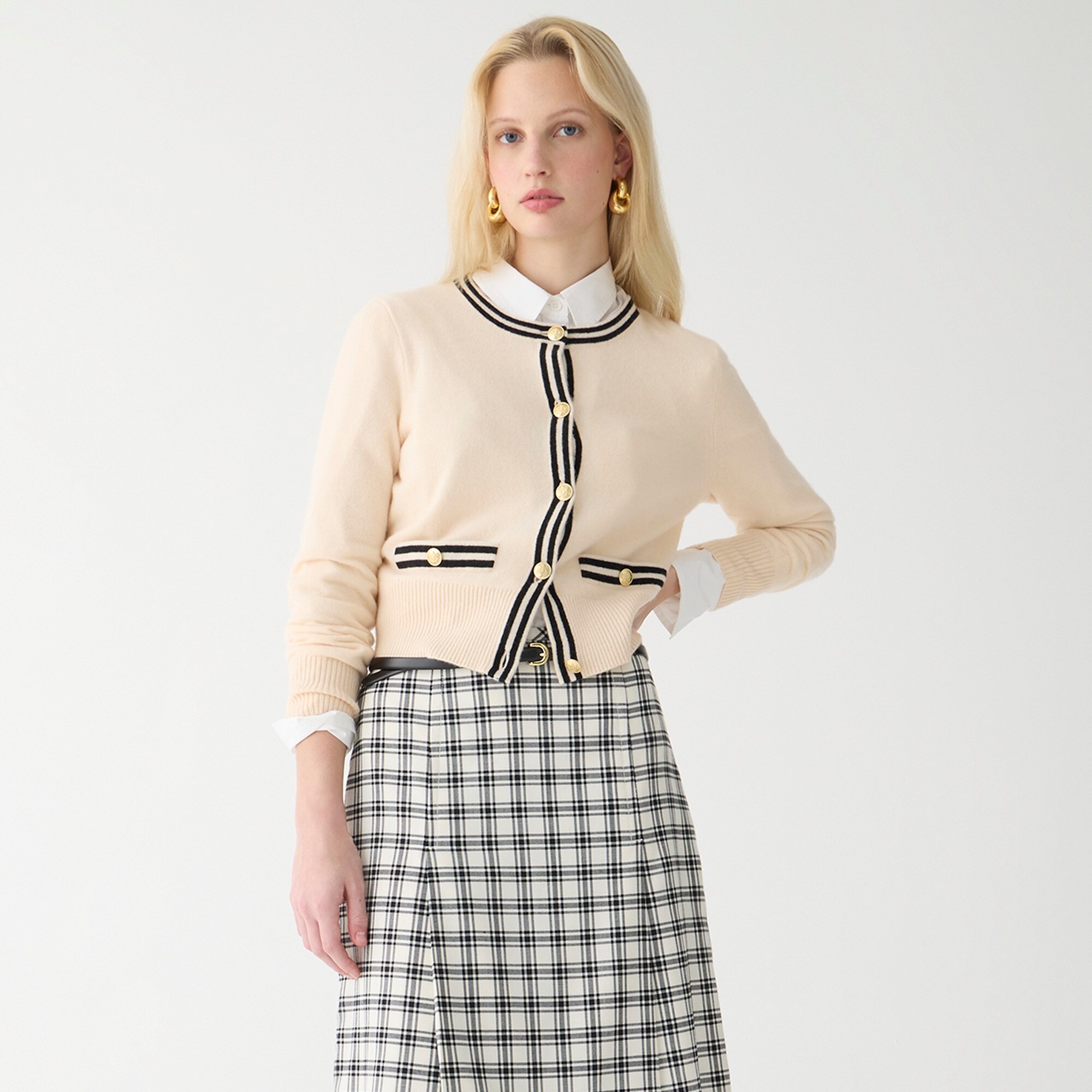 Cashmere sweater lady jacket with contrast trim