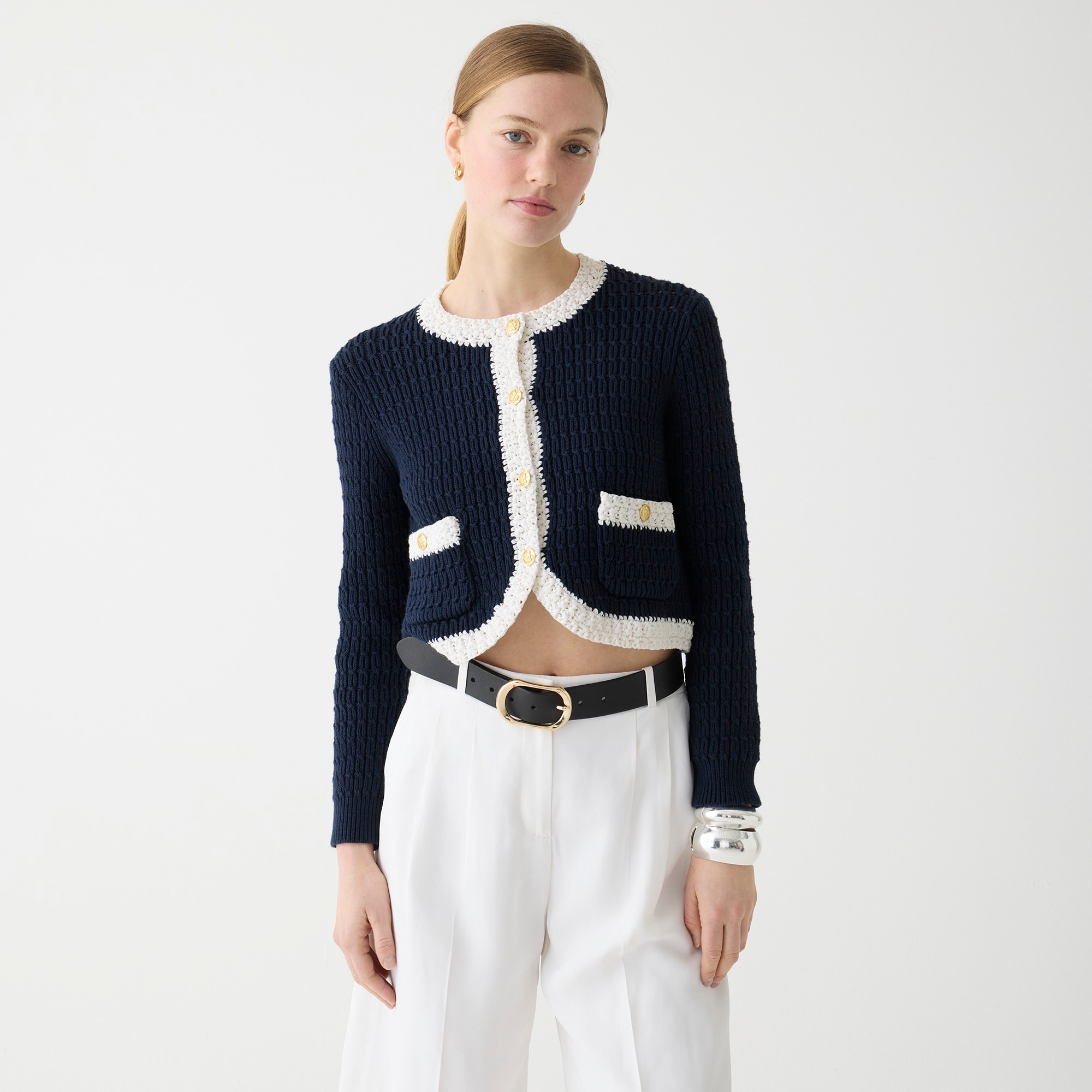 Cropped sweater lady jacket with contrast trim - image 2
