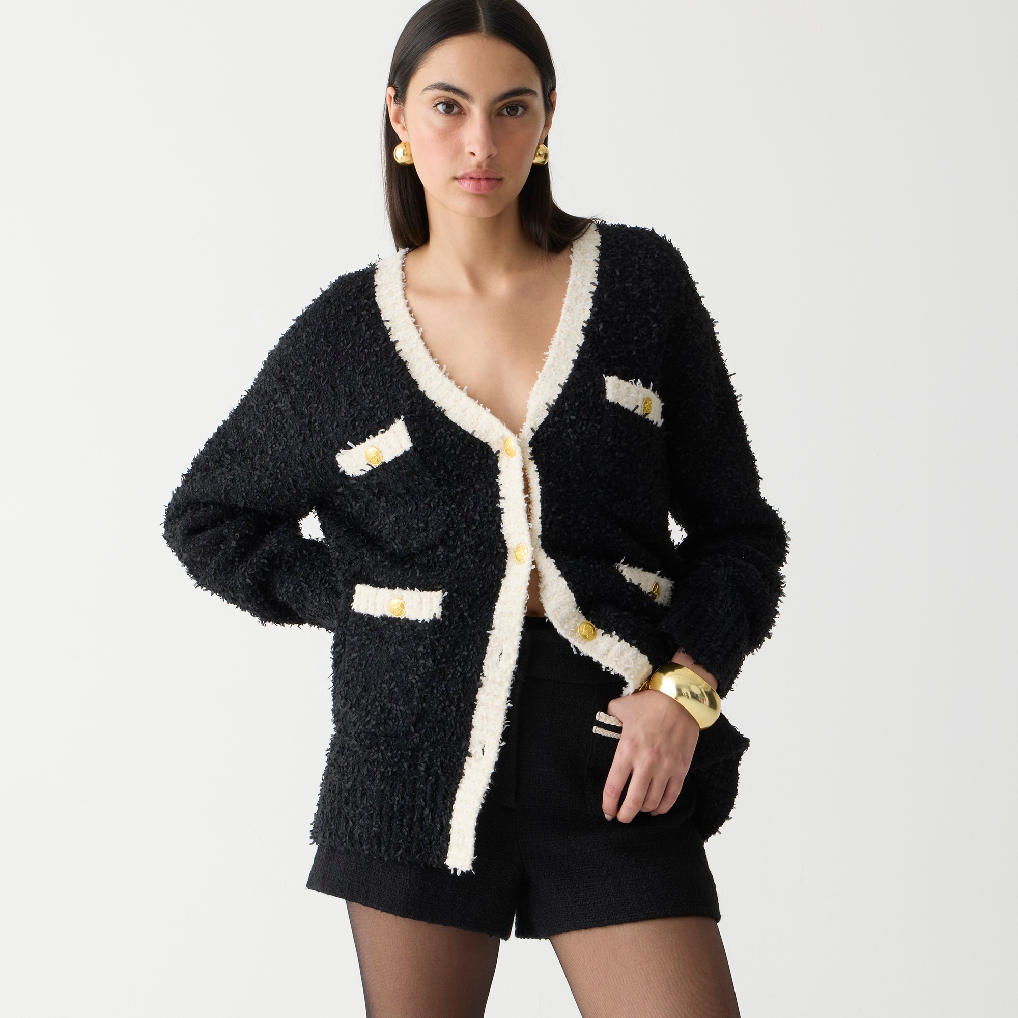 j.crew: longer sweater lady jacket in textured contrast yarn for women