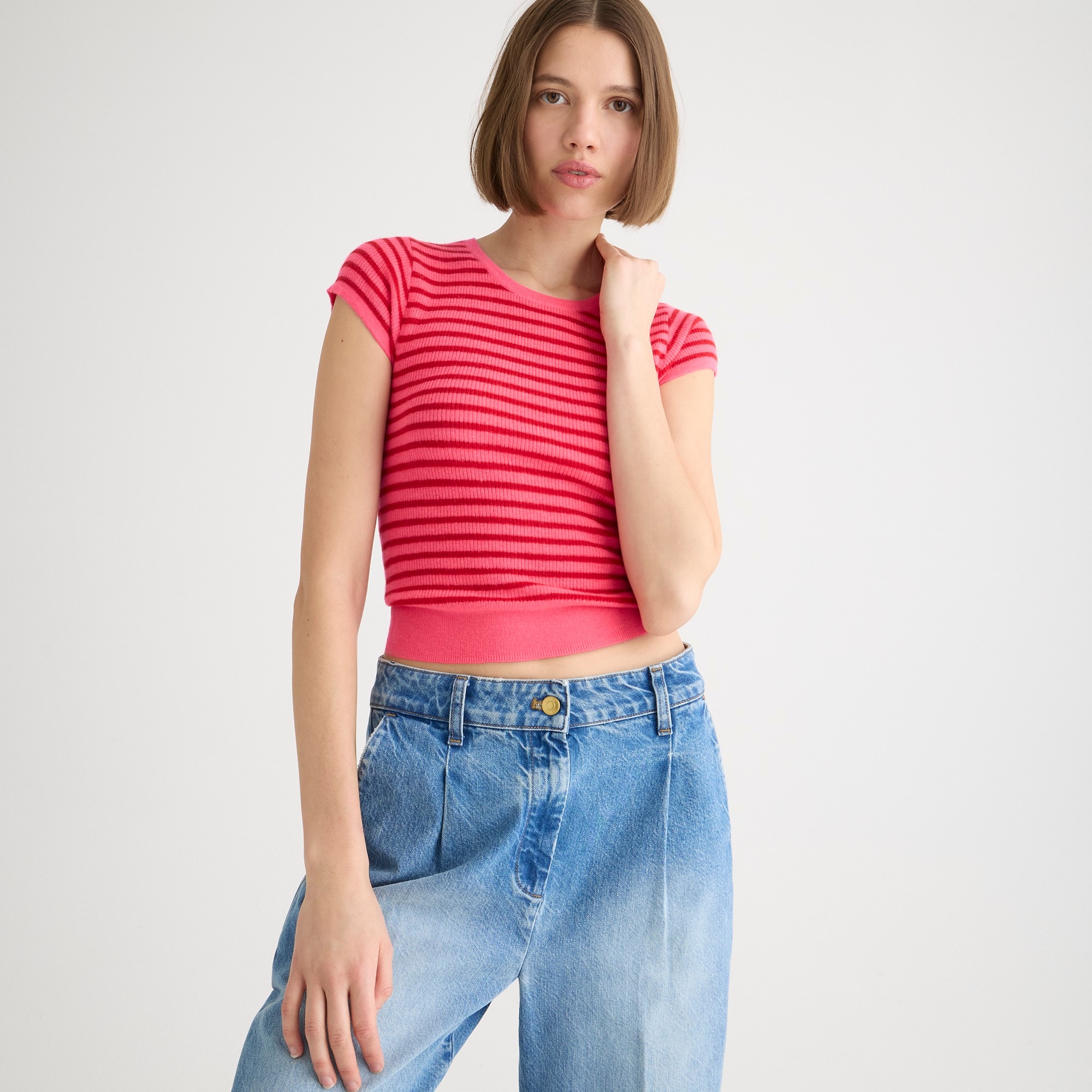 j.crew: ribbed featherweight cashmere t-shirt in stripe for women