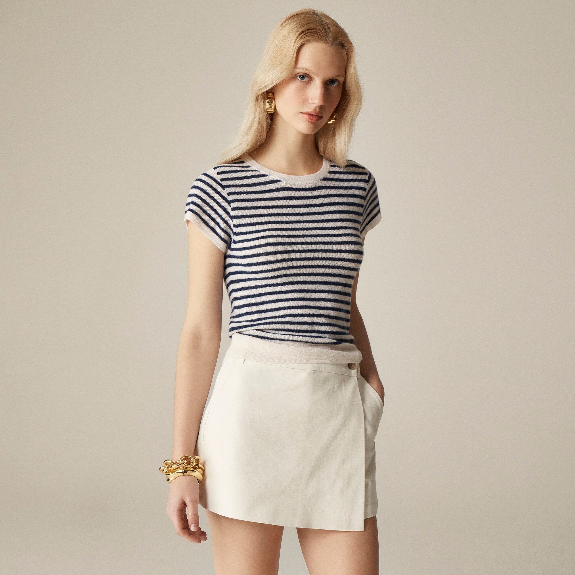 Ribbed Featherweight Cashmere T-shirt In Stripe For Women