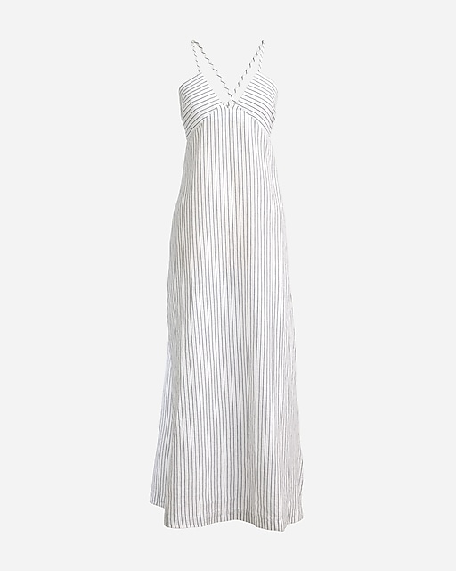  Cross-back beach dress in striped linen-cotton blend