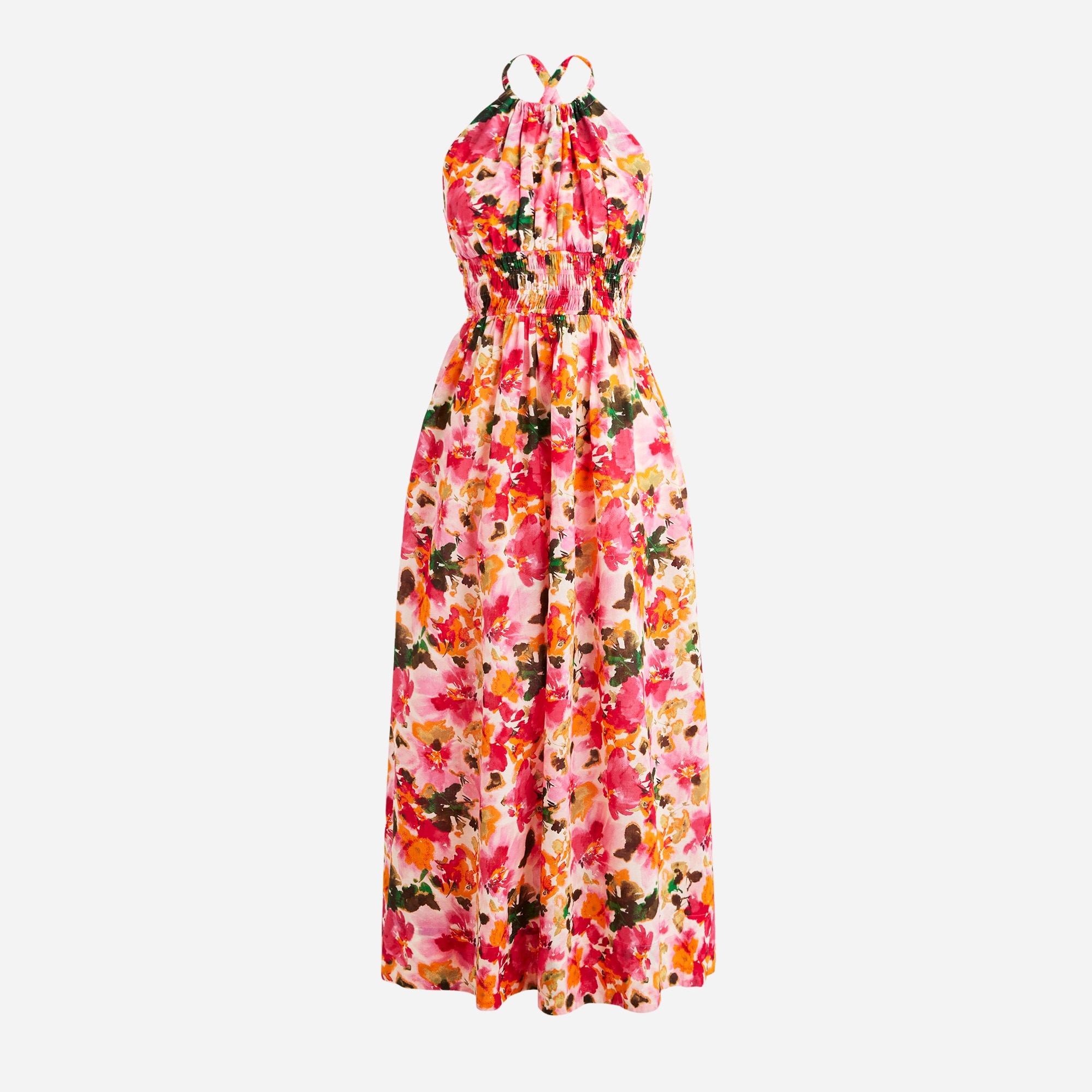  Halter-neck cross-back dress in floral cotton voile
