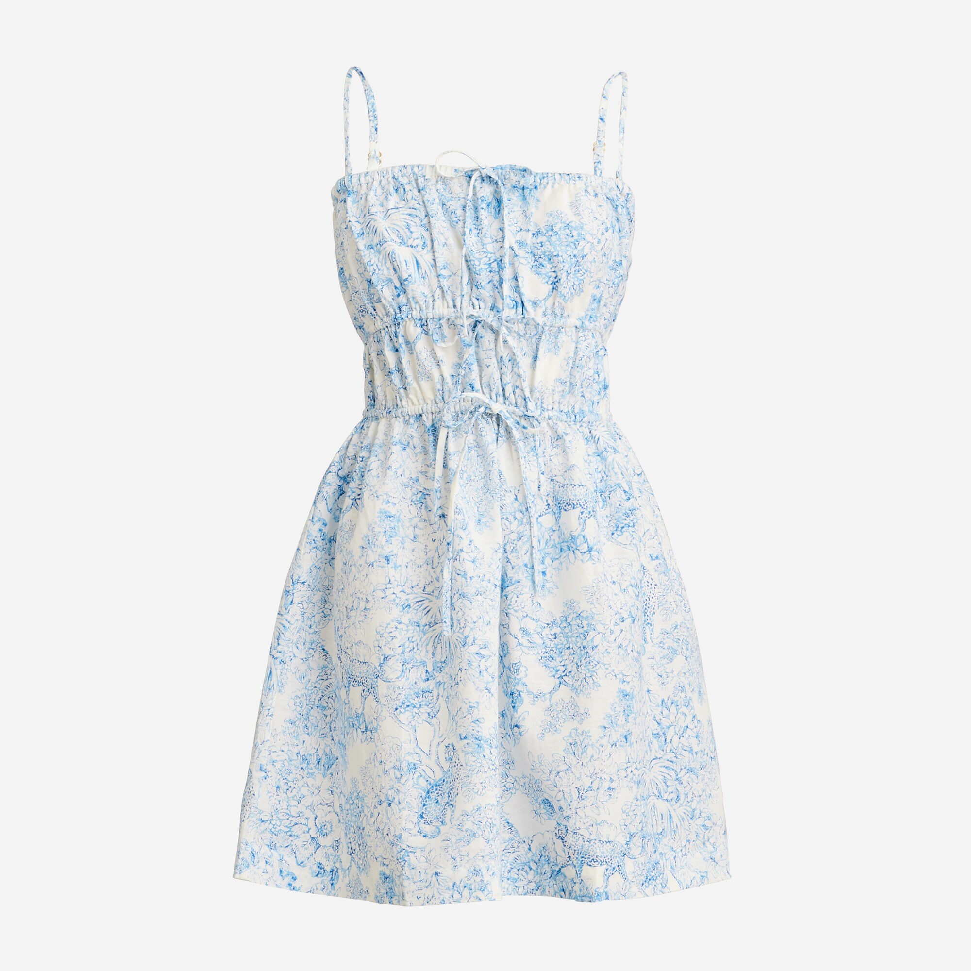 womens Bow-front mini dress in blue toile linen-cotton blend