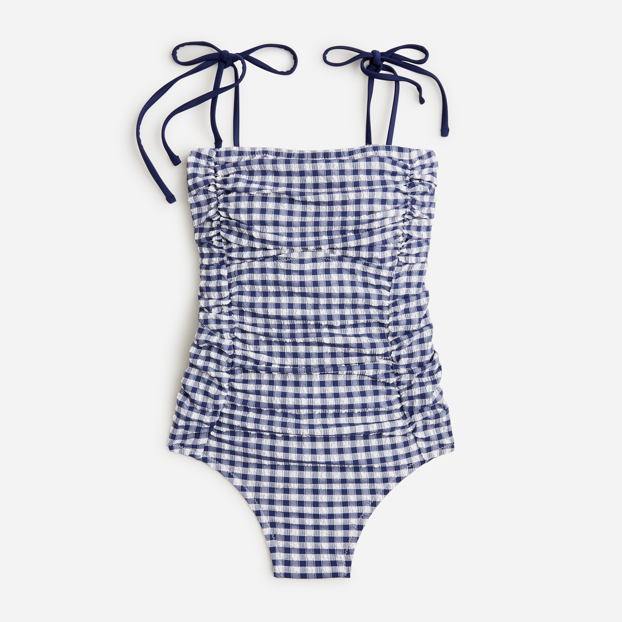  Ruched tie-shoulder one-piece swimsuit in gingham
