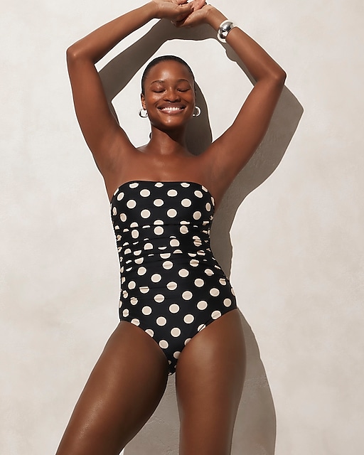  Long-torso ruched bandeau one-piece swimsuit in dot print