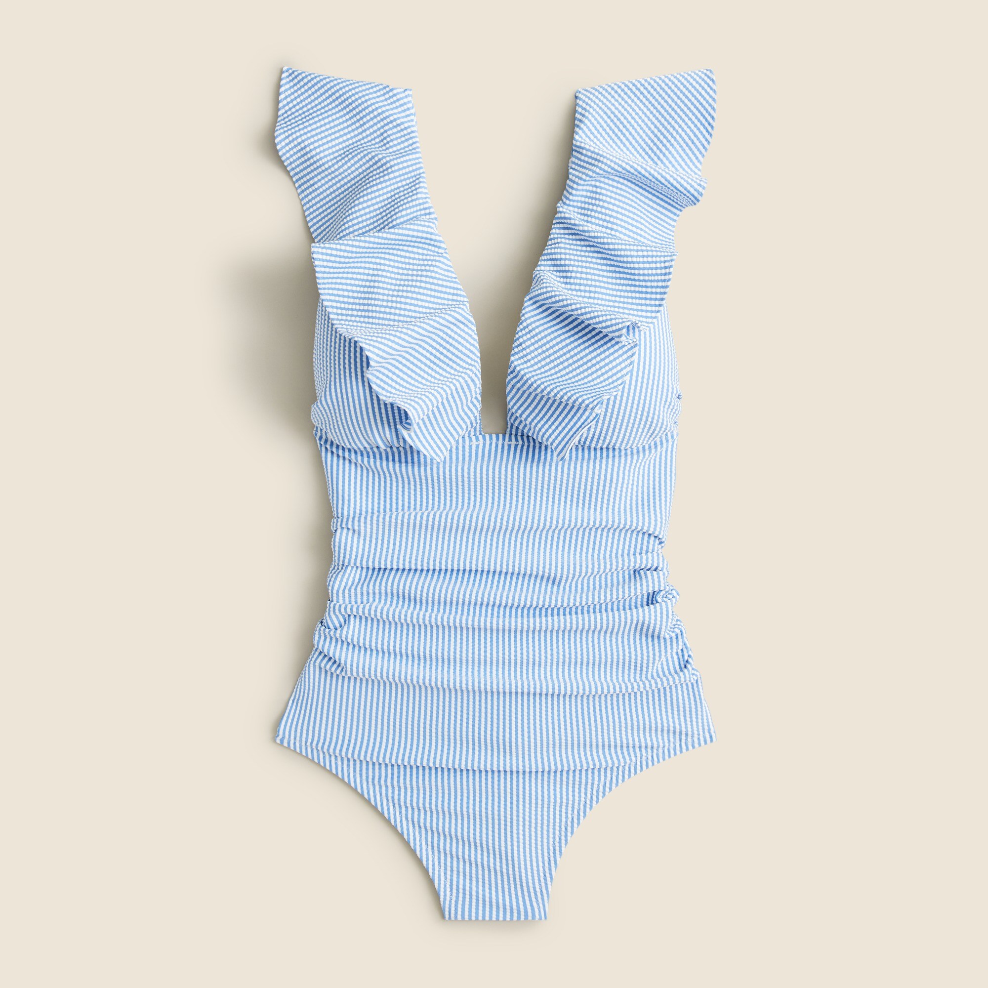 Ruched ruffle one-piece swimsuit in seersucker