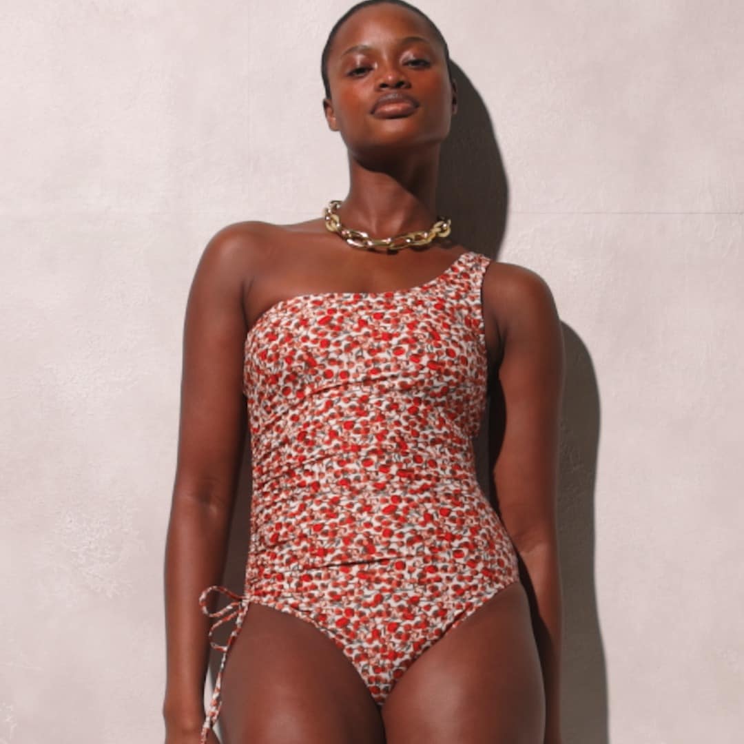 One-shoulder one-piece swimsuit with side tie in Liberty&reg; Eliza's Red fabric