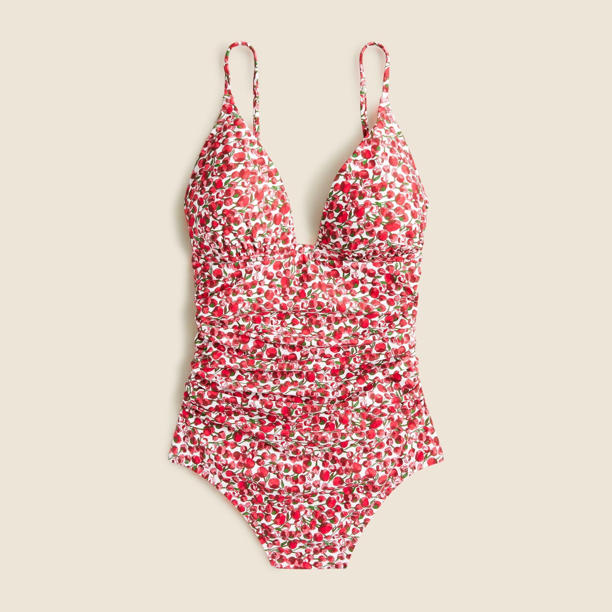 Ruched plunge one-piece swimsuit in Liberty® Eliza's Red fabric