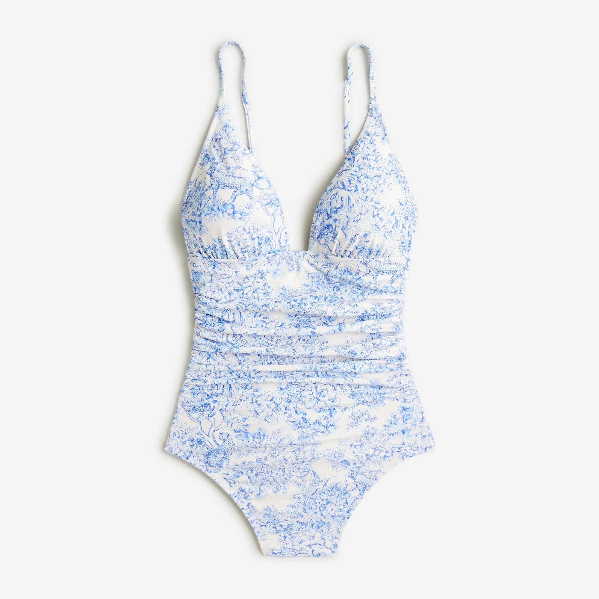 womens Ruched plunge one-piece swimsuit in blue toile