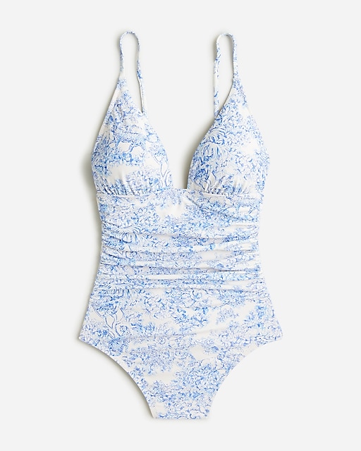 womens Ruched plunge one-piece swimsuit in blue toile