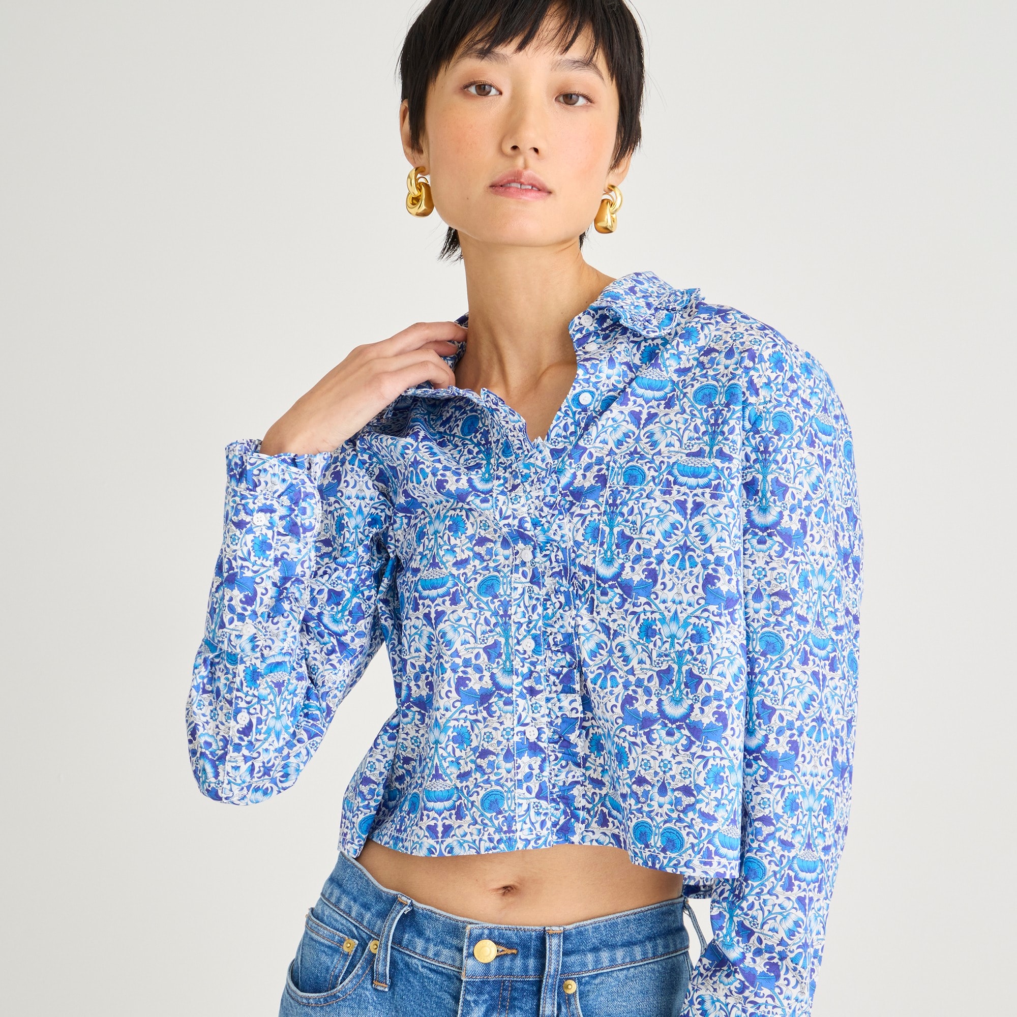 womens Ruffle-trim button-up shirt in Liberty&reg; Lodden fabric