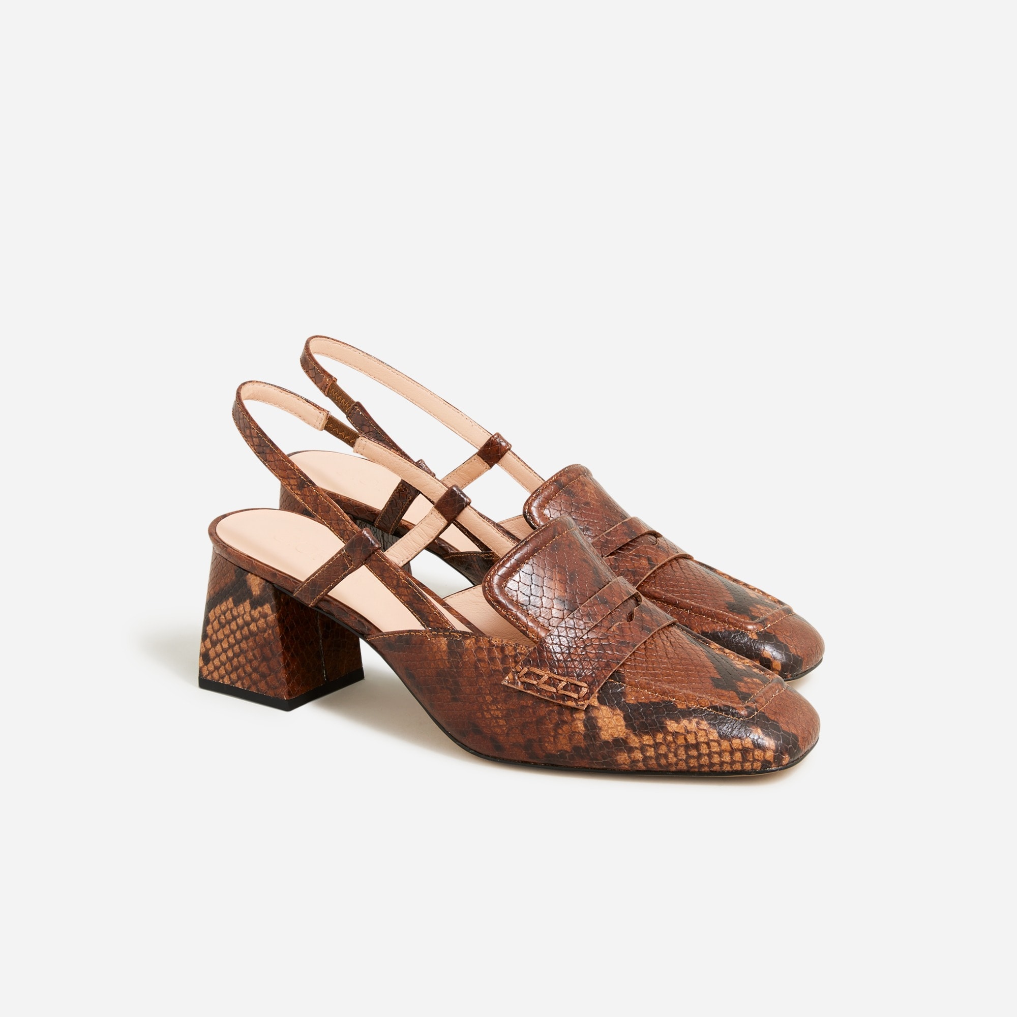  Layne slingback loafer heels in snake-embossed leather