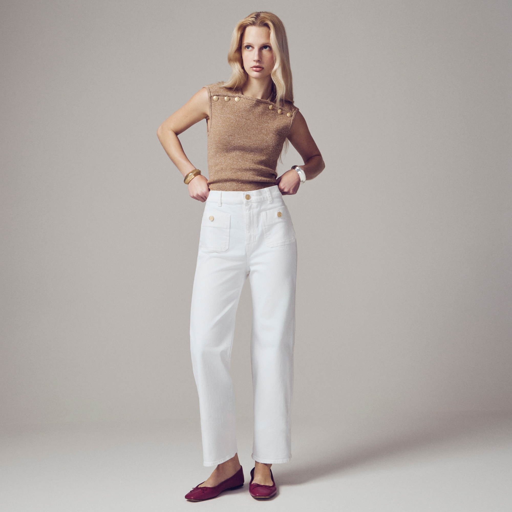 womens Petite sailor slim wide-leg jean in white