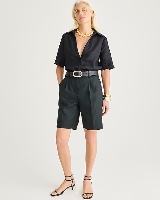  High-rise trouser short in stretch linen blend