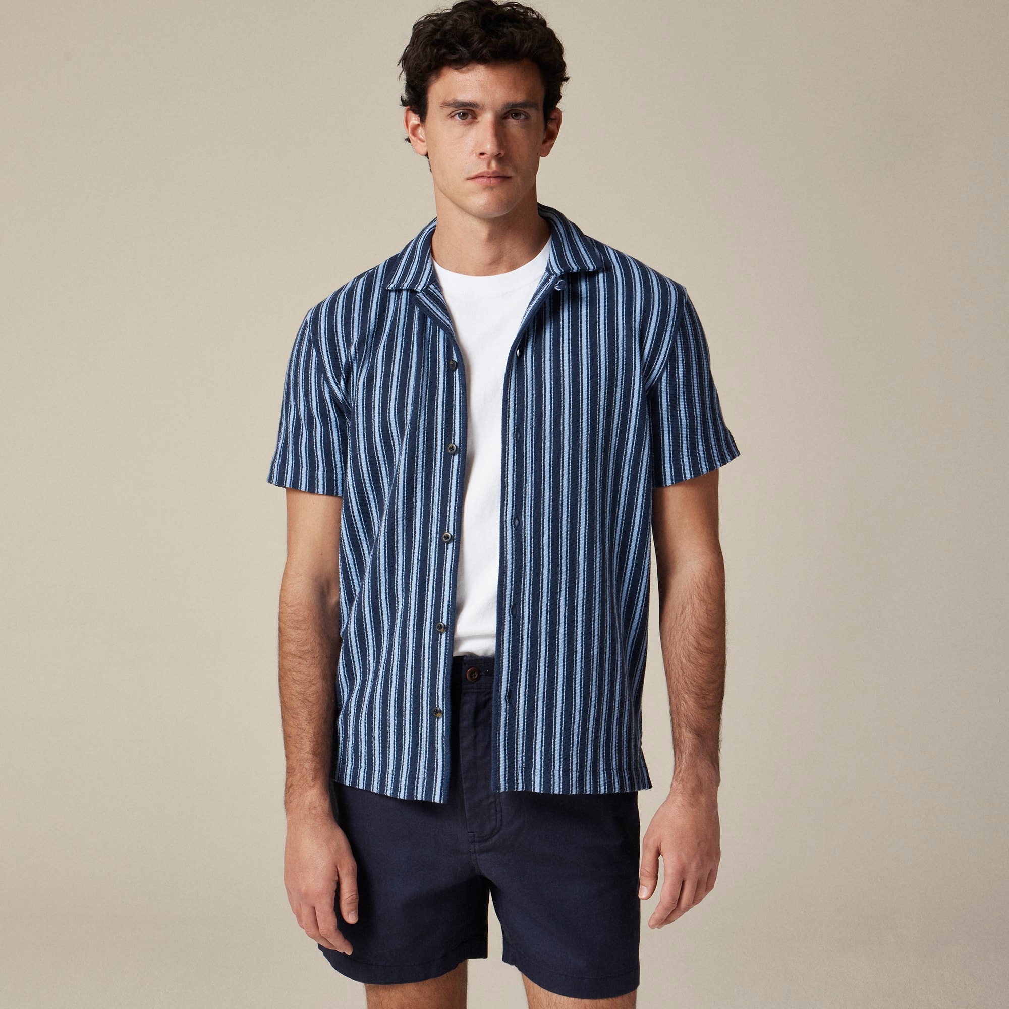  Textured camp-collar sweater-tee in stripe