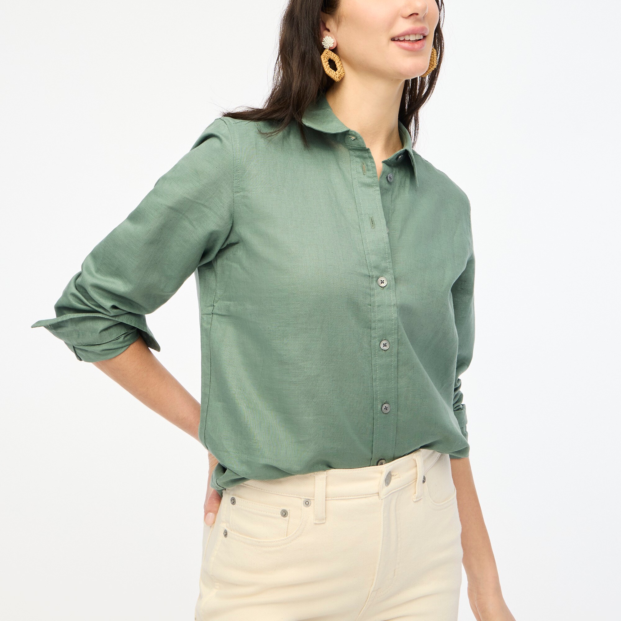womens Petite linen-blend button-up shirt