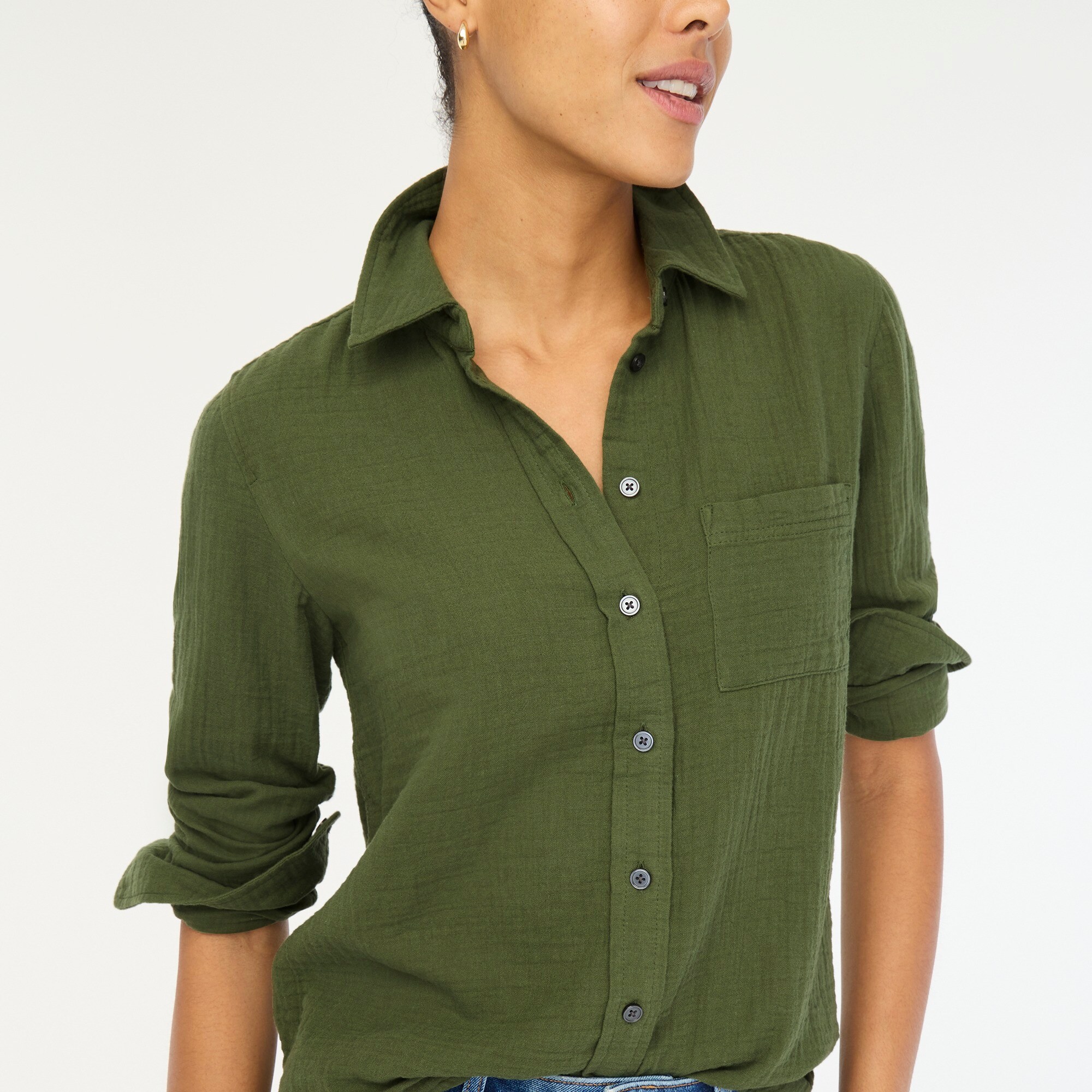 womens Petite gauze button-up shirt