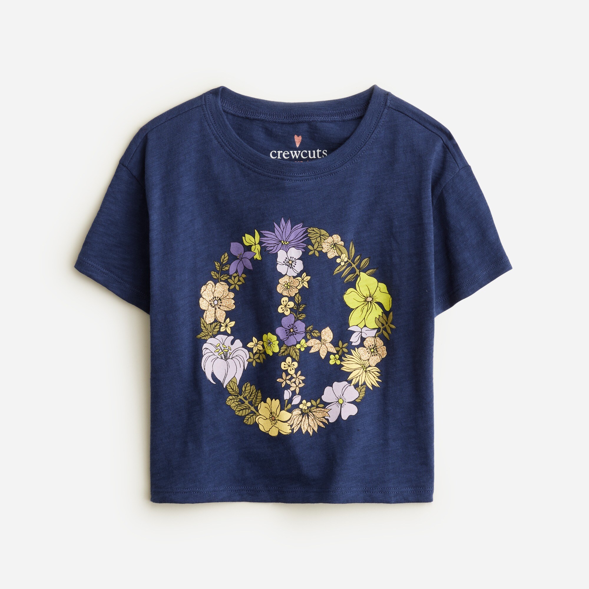 Girls' cropped peace sign graphic T-shirt with glitter
