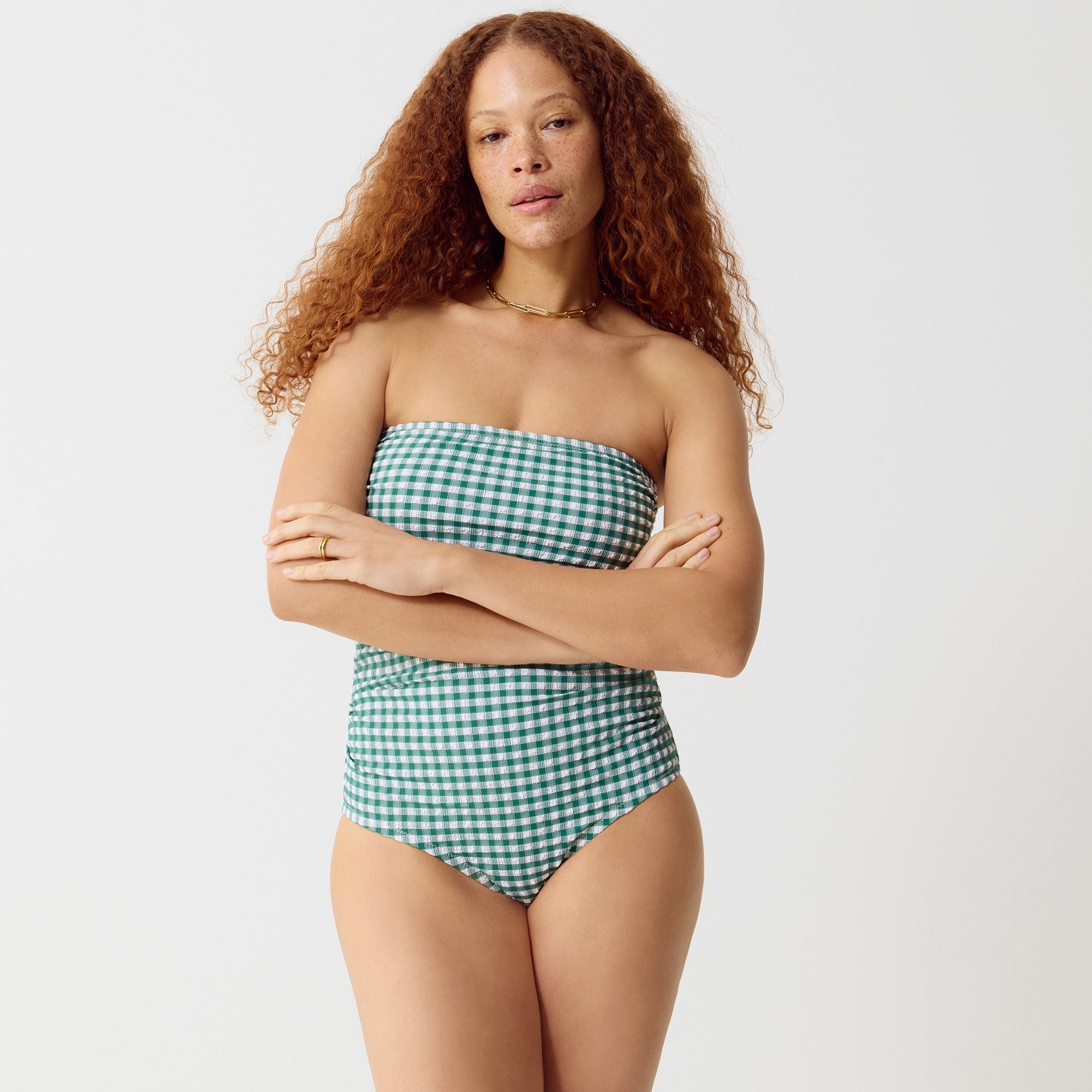 j.crew: ruched bandeau one-piece swimsuit in gingham for women