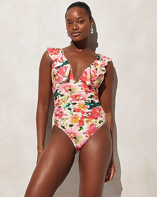  Ruched ruffle one-piece swimsuit in floral