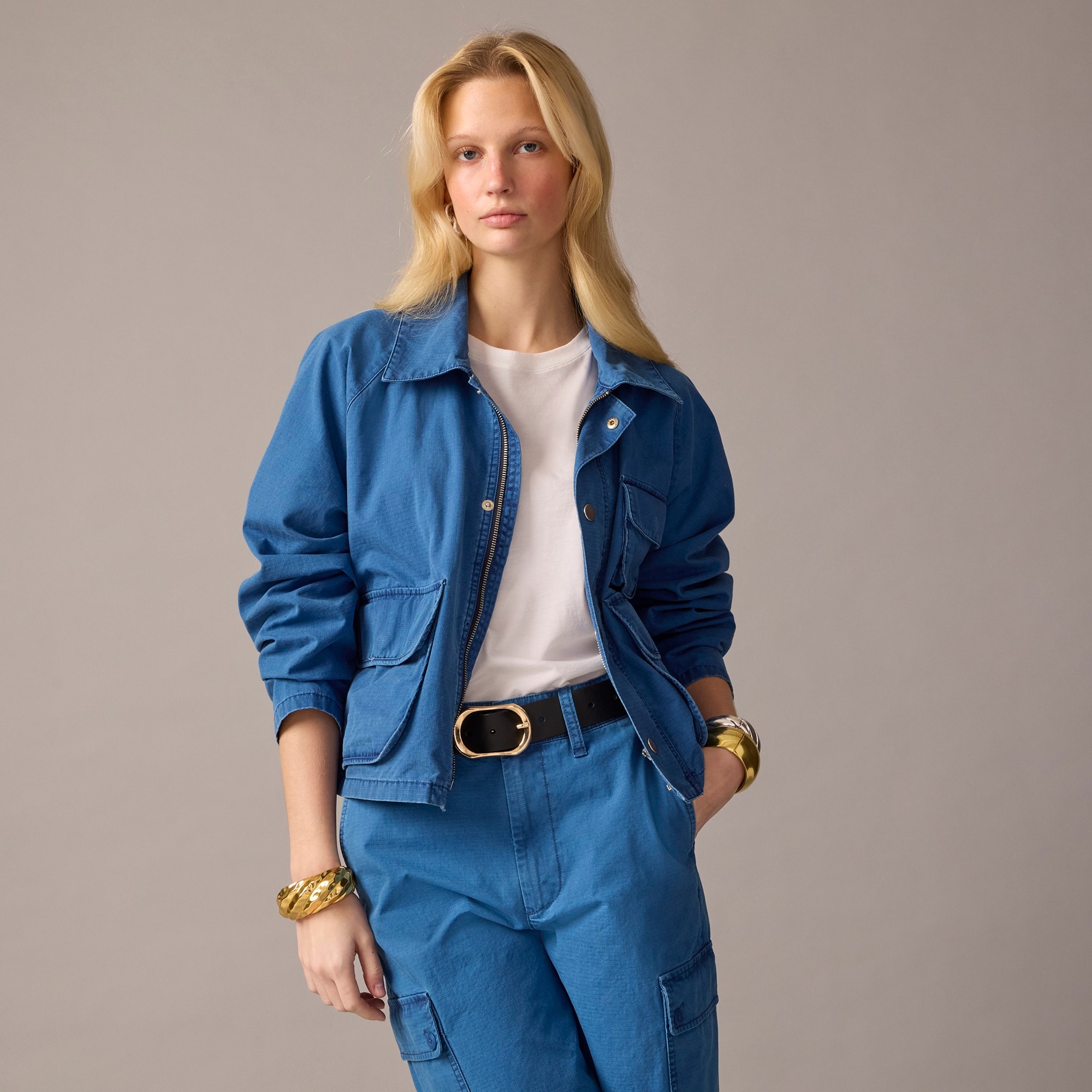 j.crew: cargo jacket in indigo ripstop cotton for women