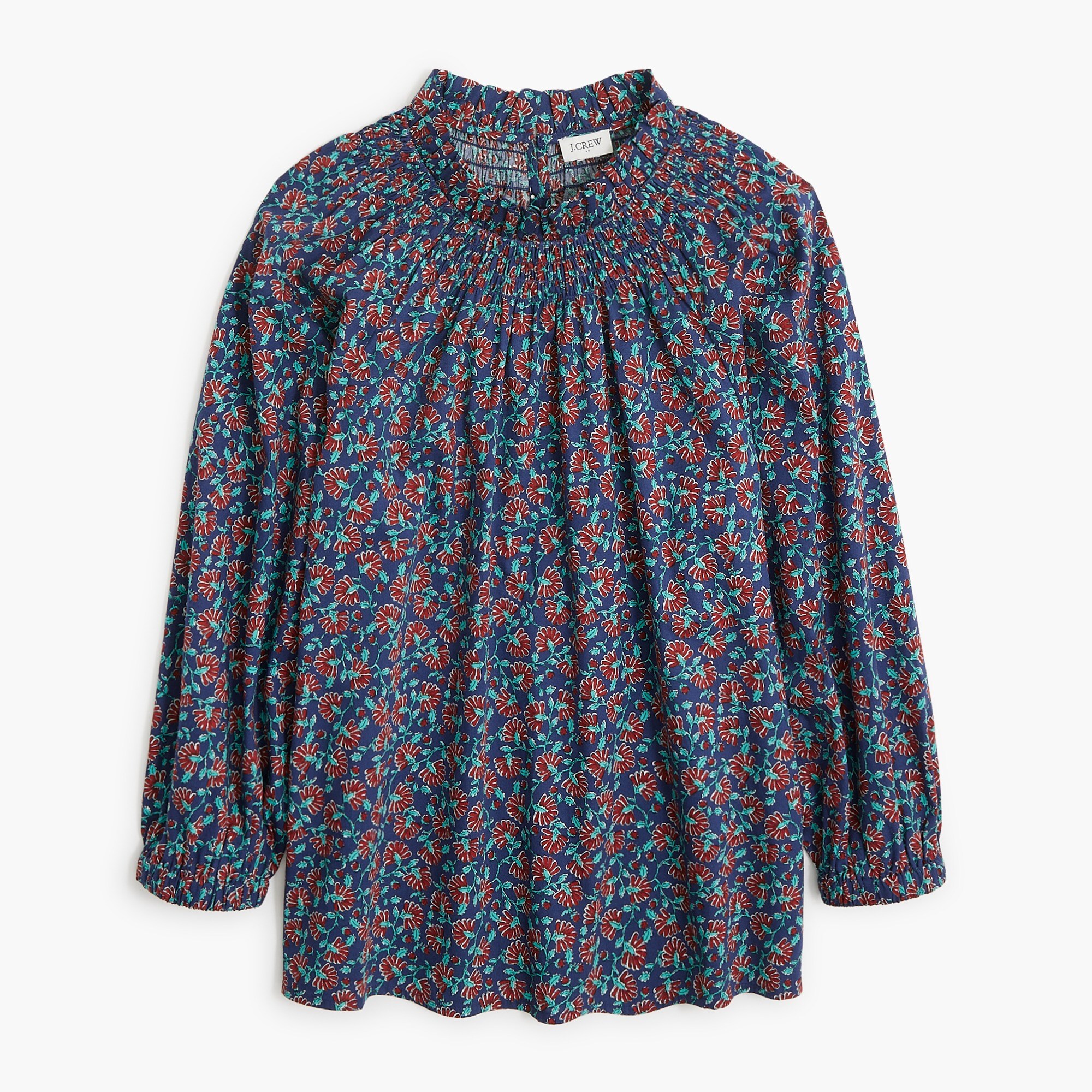 Printed smocked-neck top
