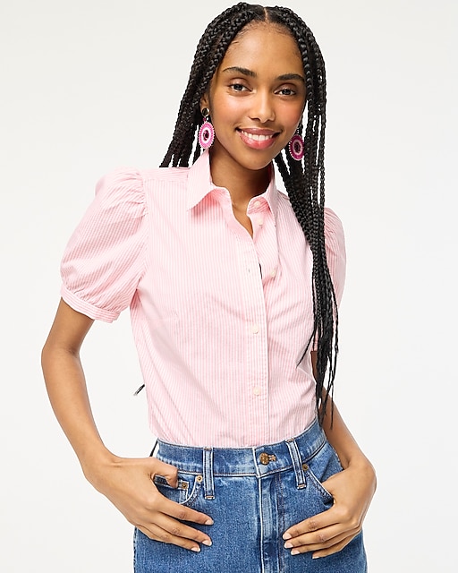 womens Striped puff-sleeve button-up