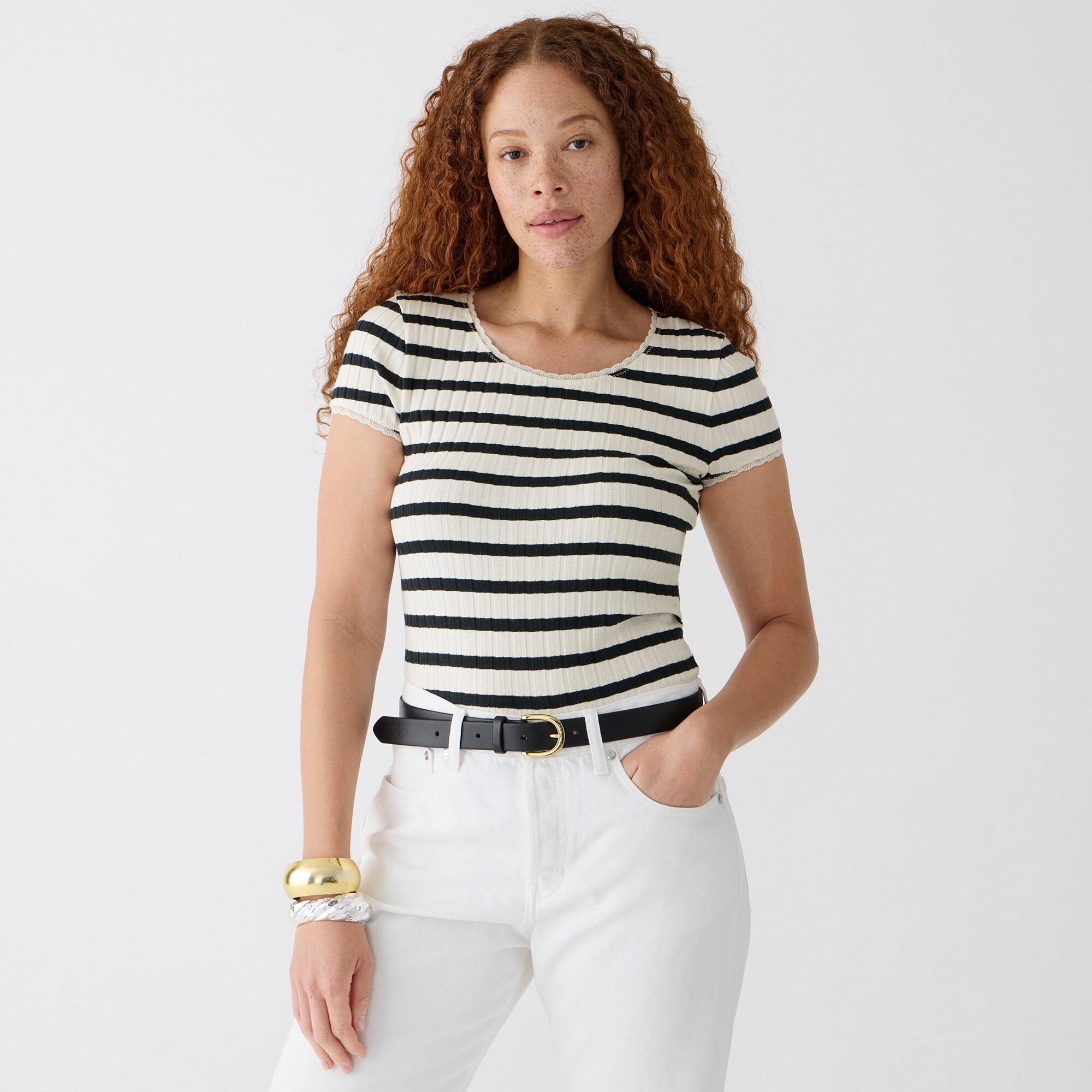 Pointelle short-sleeve T-shirt in stripe - image 5
