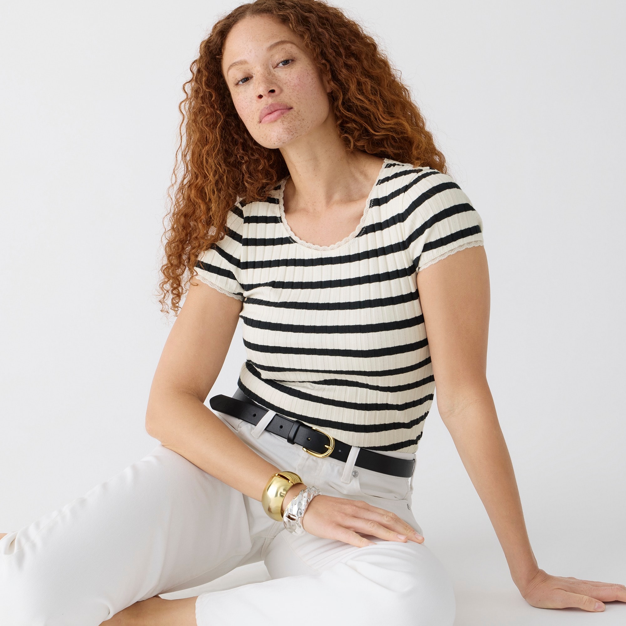 Pointelle short-sleeve T-shirt in stripe - image 3