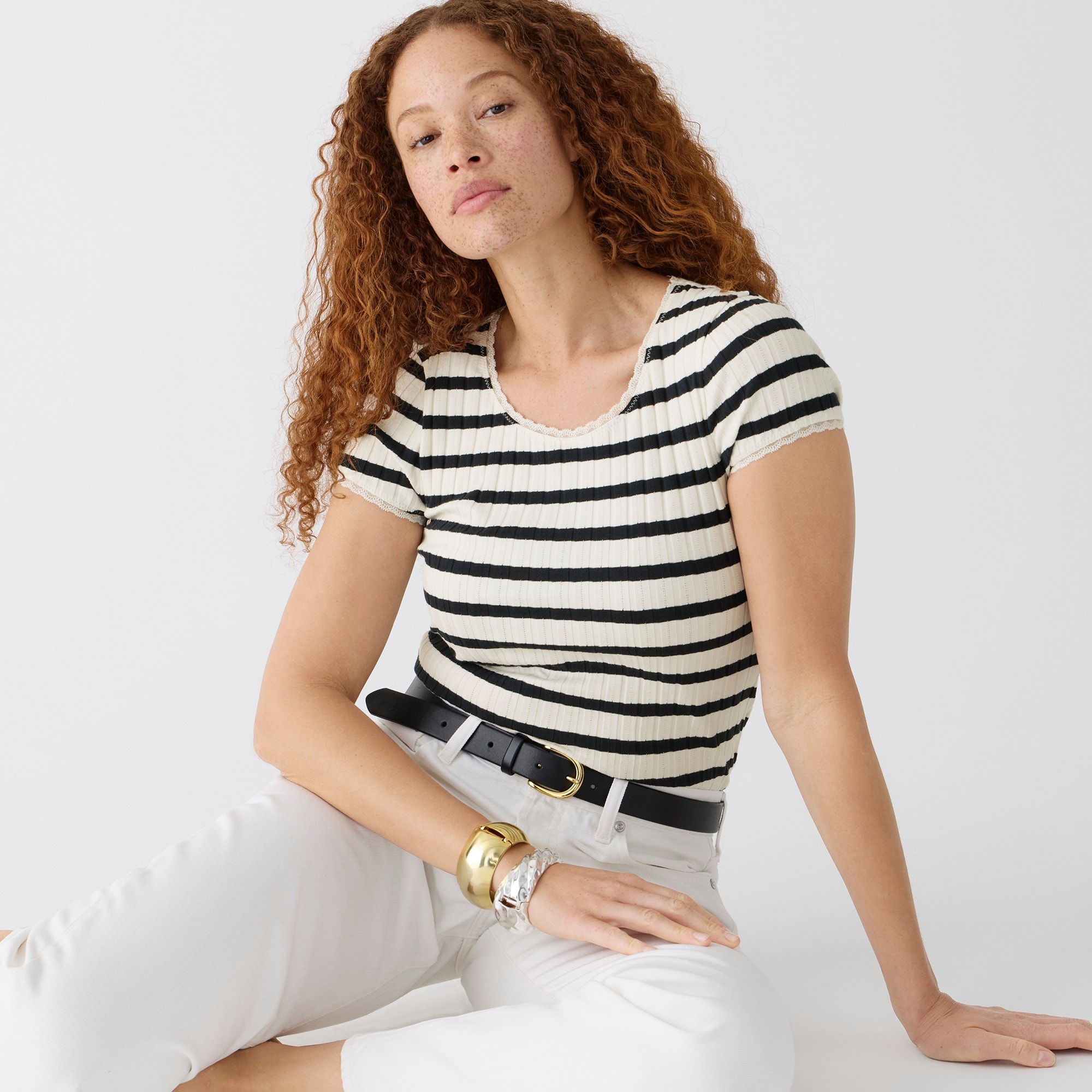 womens Pointelle short-sleeve T-shirt in stripe