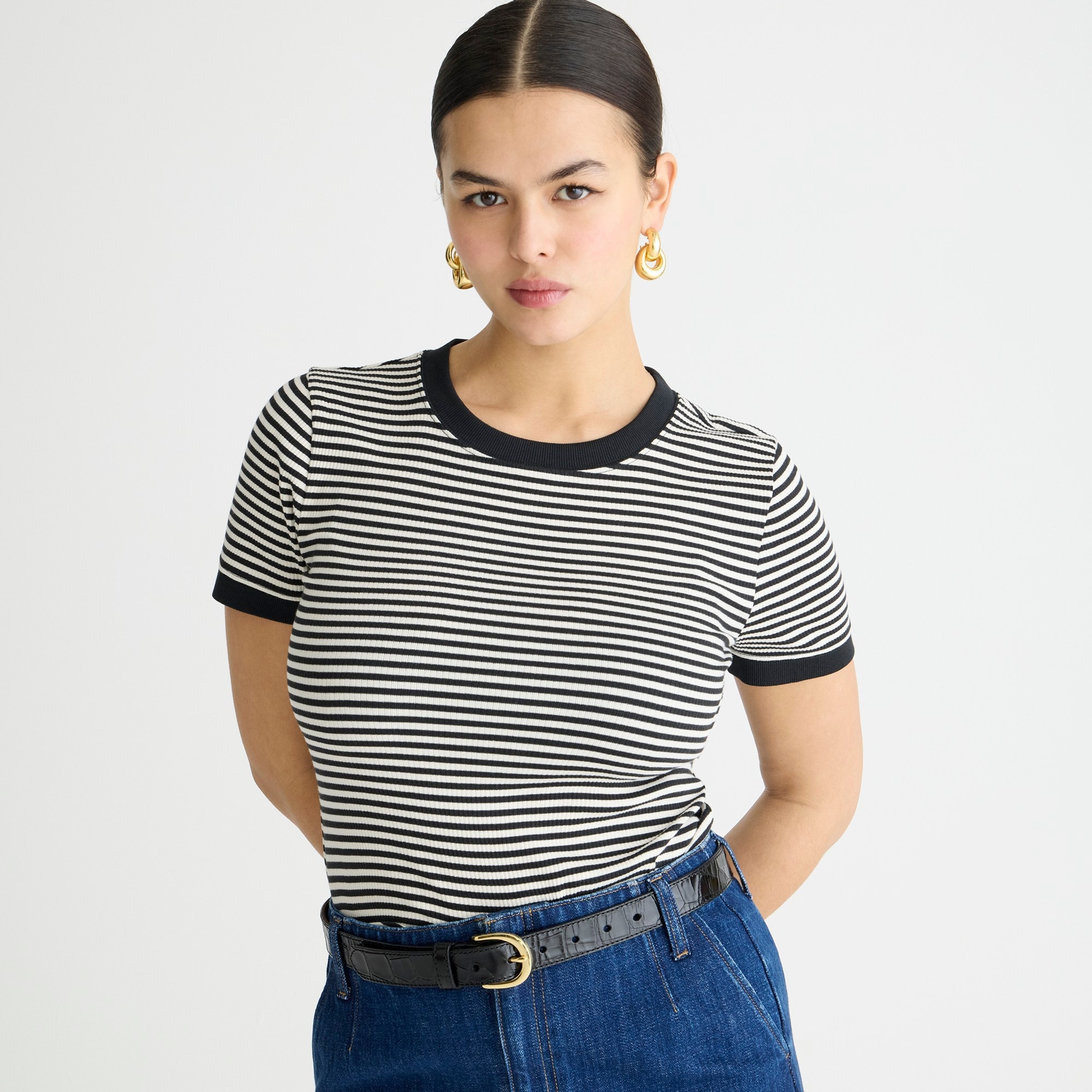 womens Vintage rib shrunken T-shirt with contrast trim in stripe
