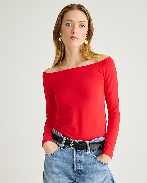 womens Off-the-shoulder long-sleeve shirt in stretch cotton