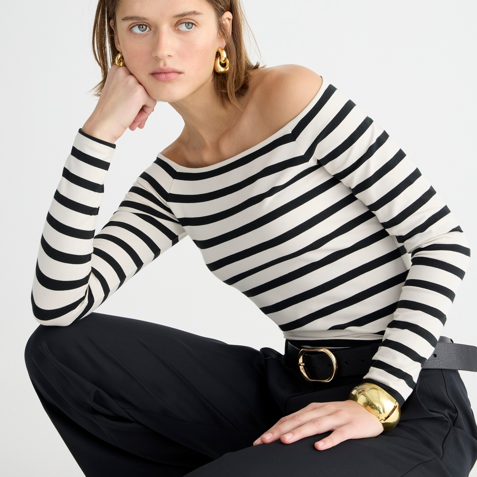 womens Off-the-shoulder long-sleeve shirt in striped stretch cotton