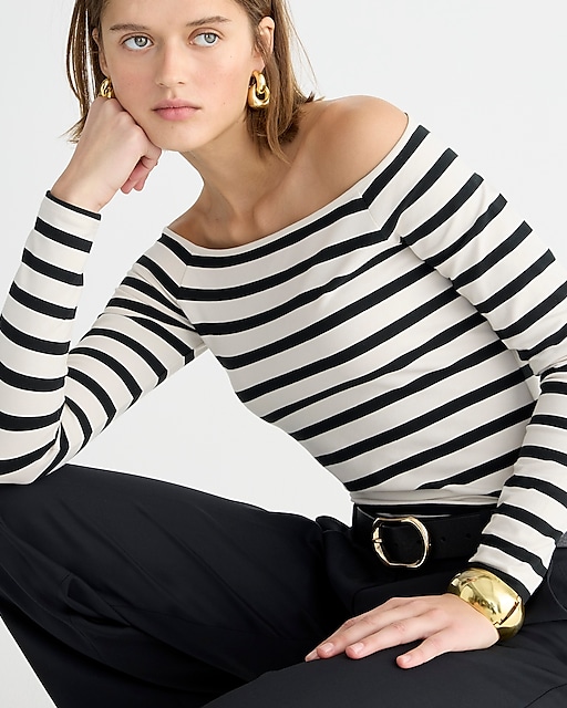 womens Off-the-shoulder long-sleeve shirt in striped stretch cotton