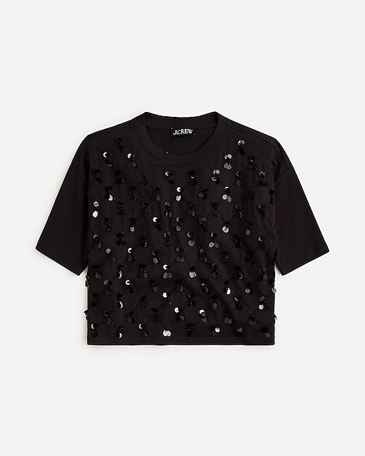 womens Broken-in jersey cropped T-shirt with patterned sequins
