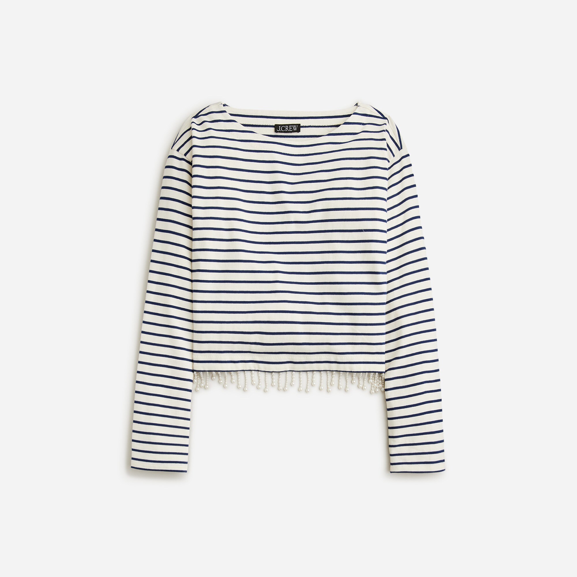 Pearl-fringe long-sleeve T-shirt in stripe
