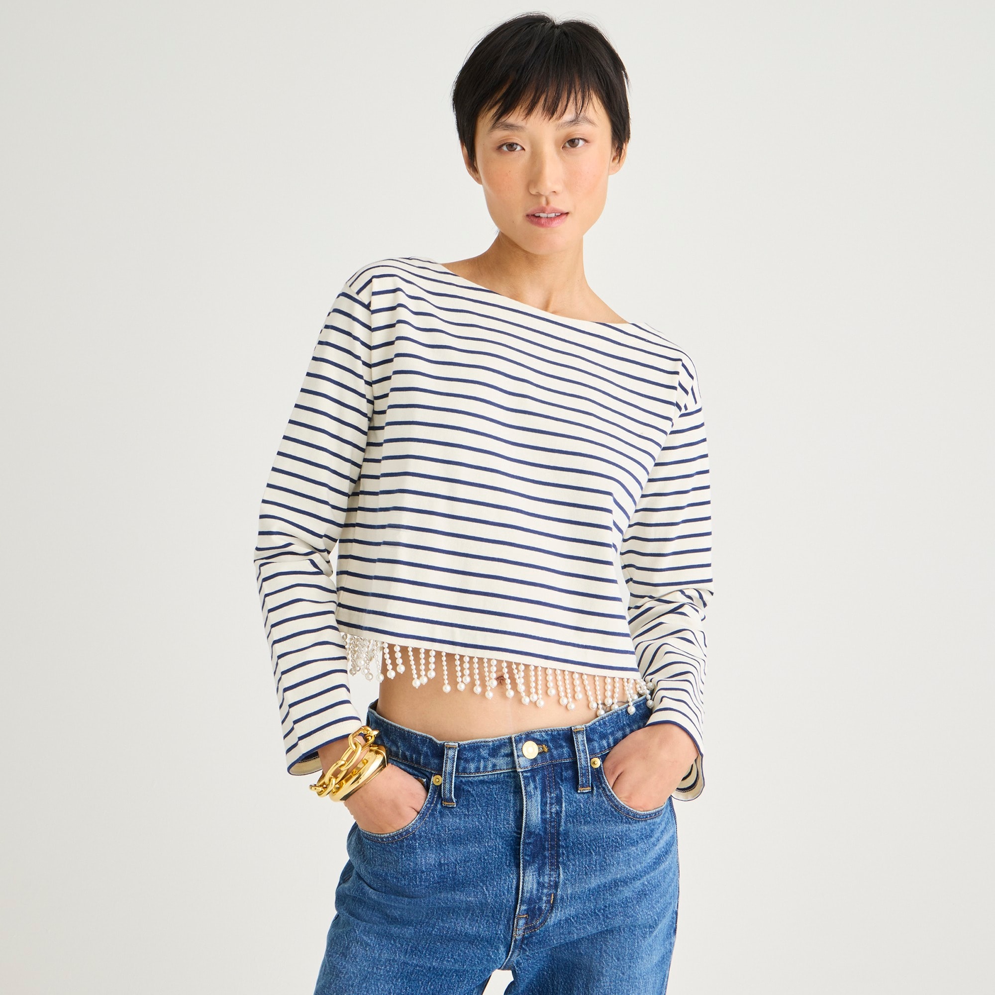 j.crew: pearl-fringe long-sleeve t-shirt in stripe for women